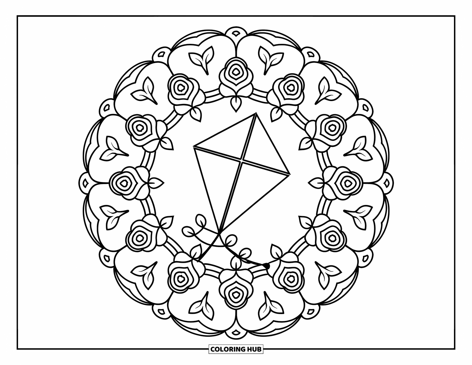 Kite Coloring Page for Adults: A heart-shaped kite suspended in a mandala of roses and ivy