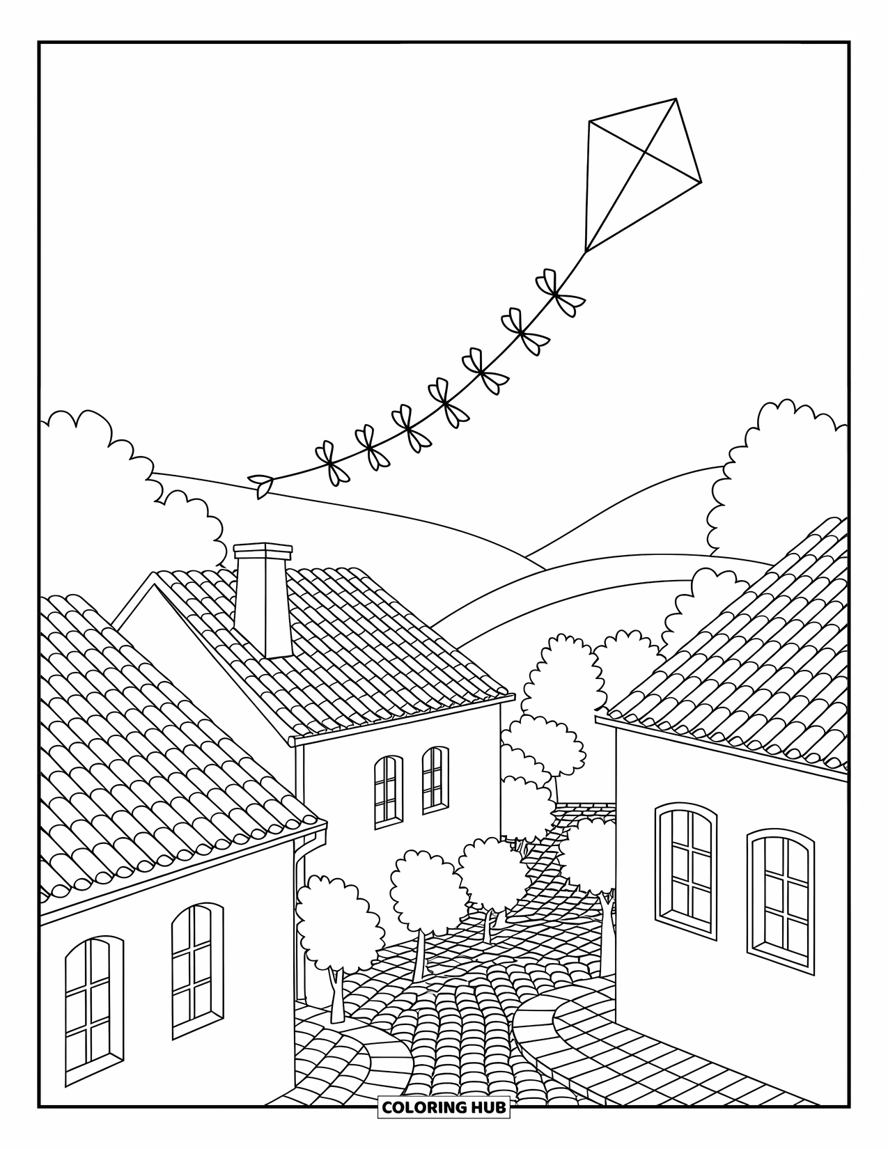 Kite Coloring Page for Adults: A kite ascends over a peaceful village with winding cobblestone paths