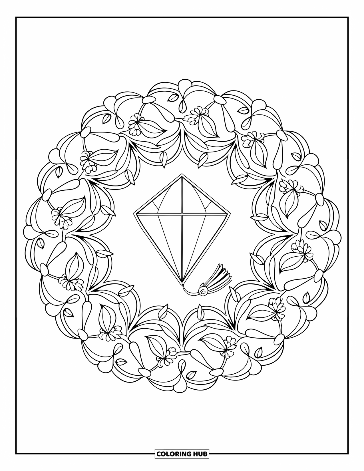 Kite Coloring Page for Adults: A kite centered in a mandala of leaves, vines, and delicate flowers