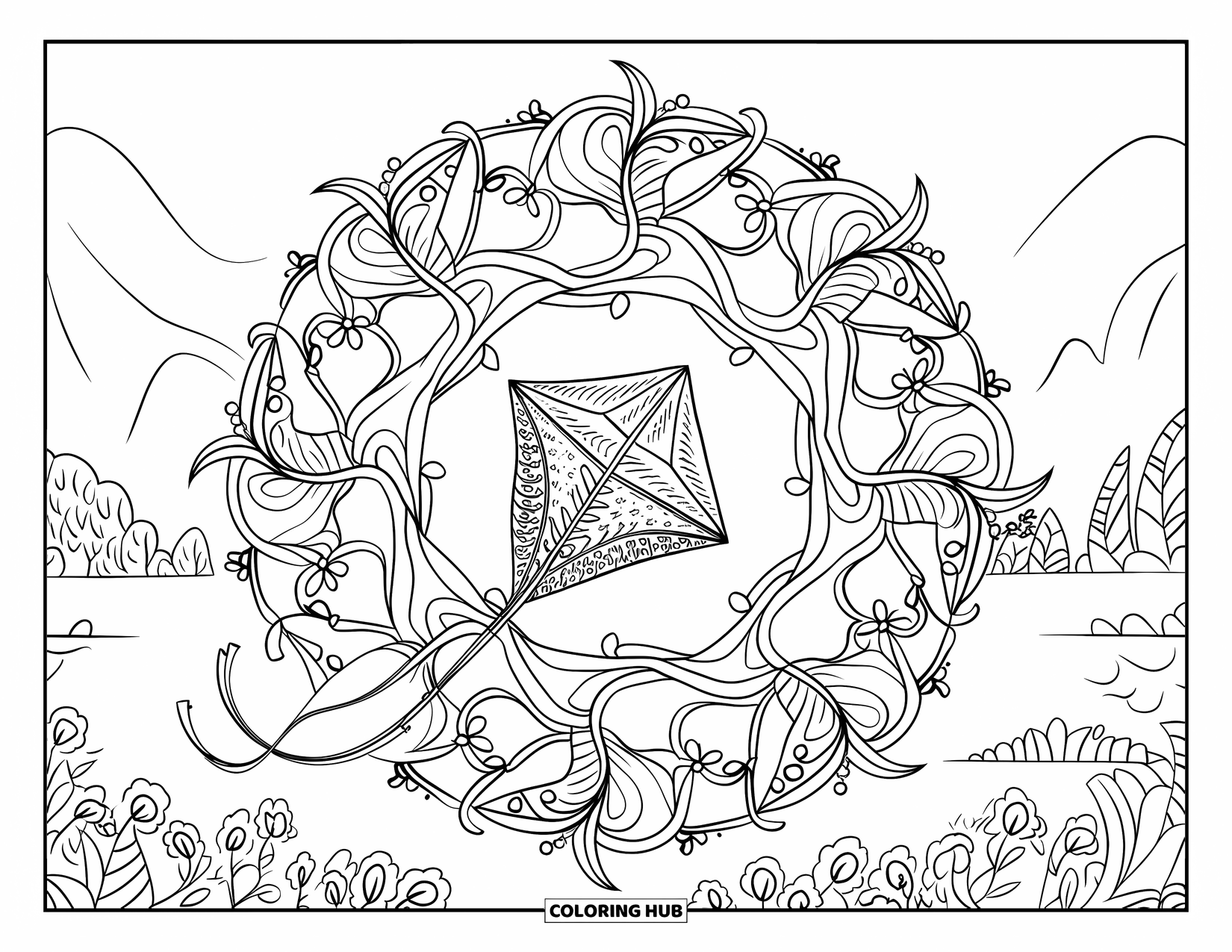 Kite Coloring Page for Adults: A kite framed by a floral mandala above a calm mountain landscape