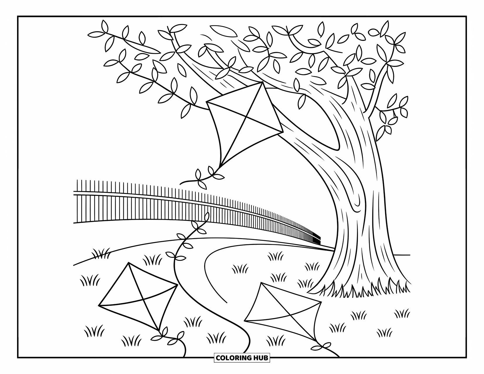 Kite Coloring Page for Adults: A kite tangled in tree branches above two folded kites on soft grass