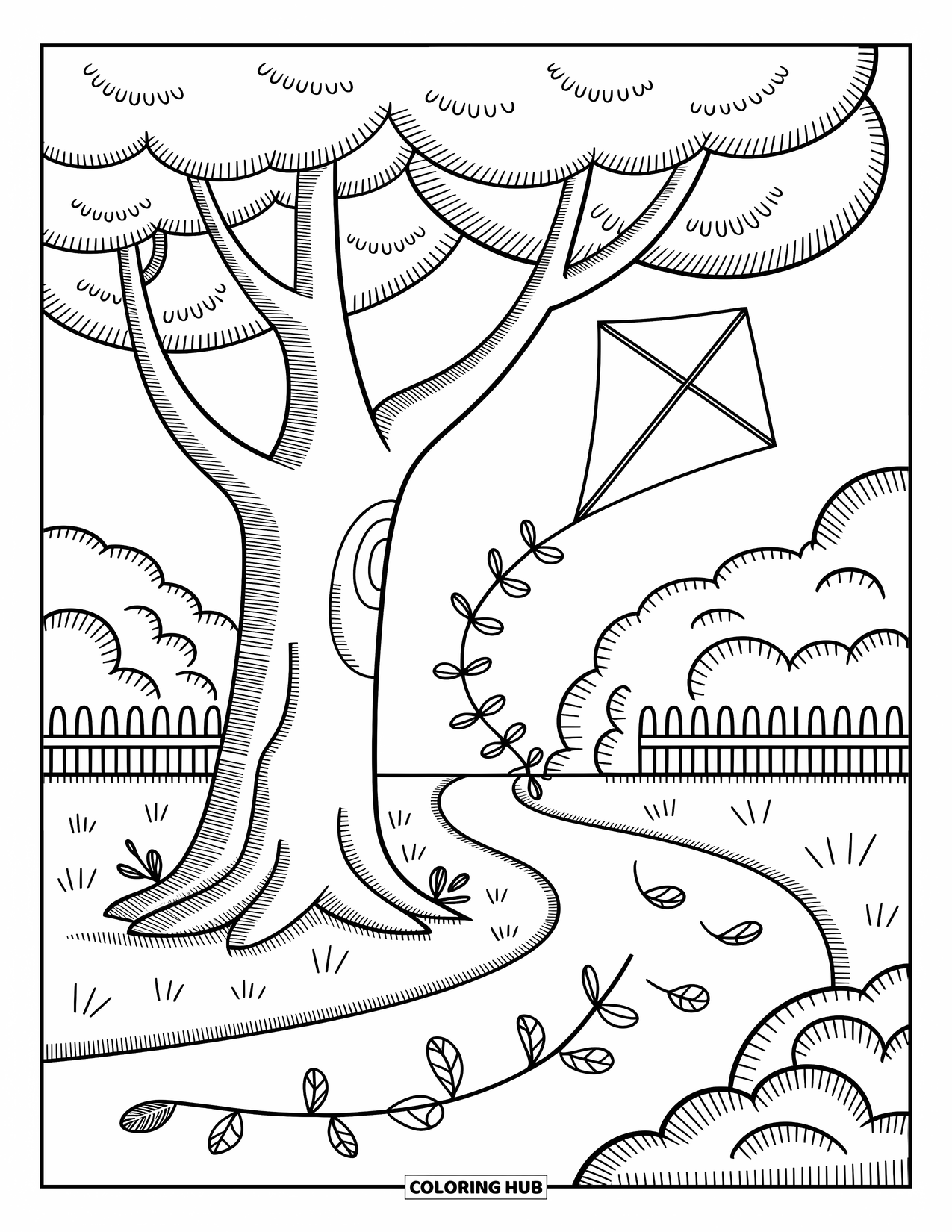 Kite Coloring Page for Adults: A quiet moment with a kite resting in a tree and leaves below