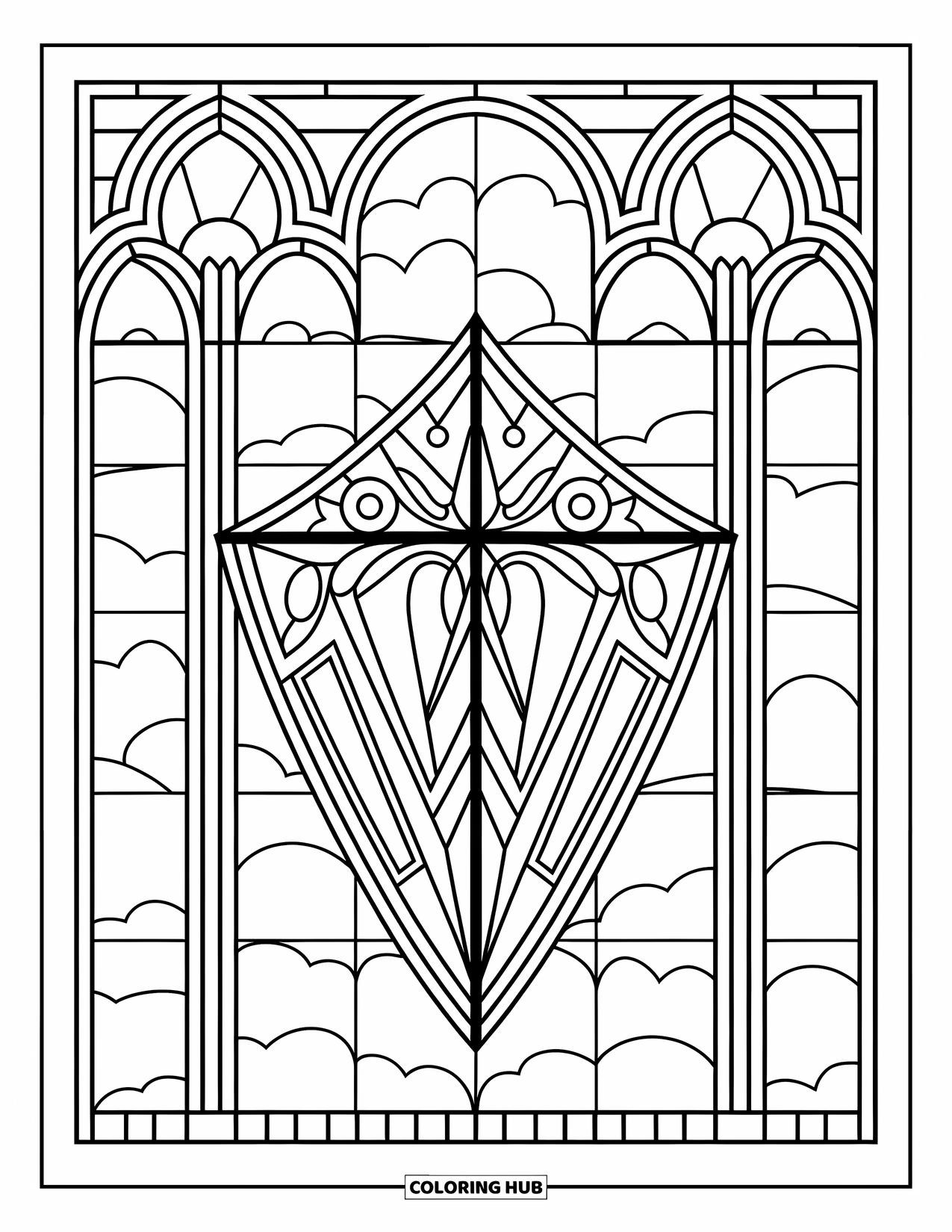 Kite Coloring Page for Adults: A shield kite standing in a stained glass frame with arched patterns