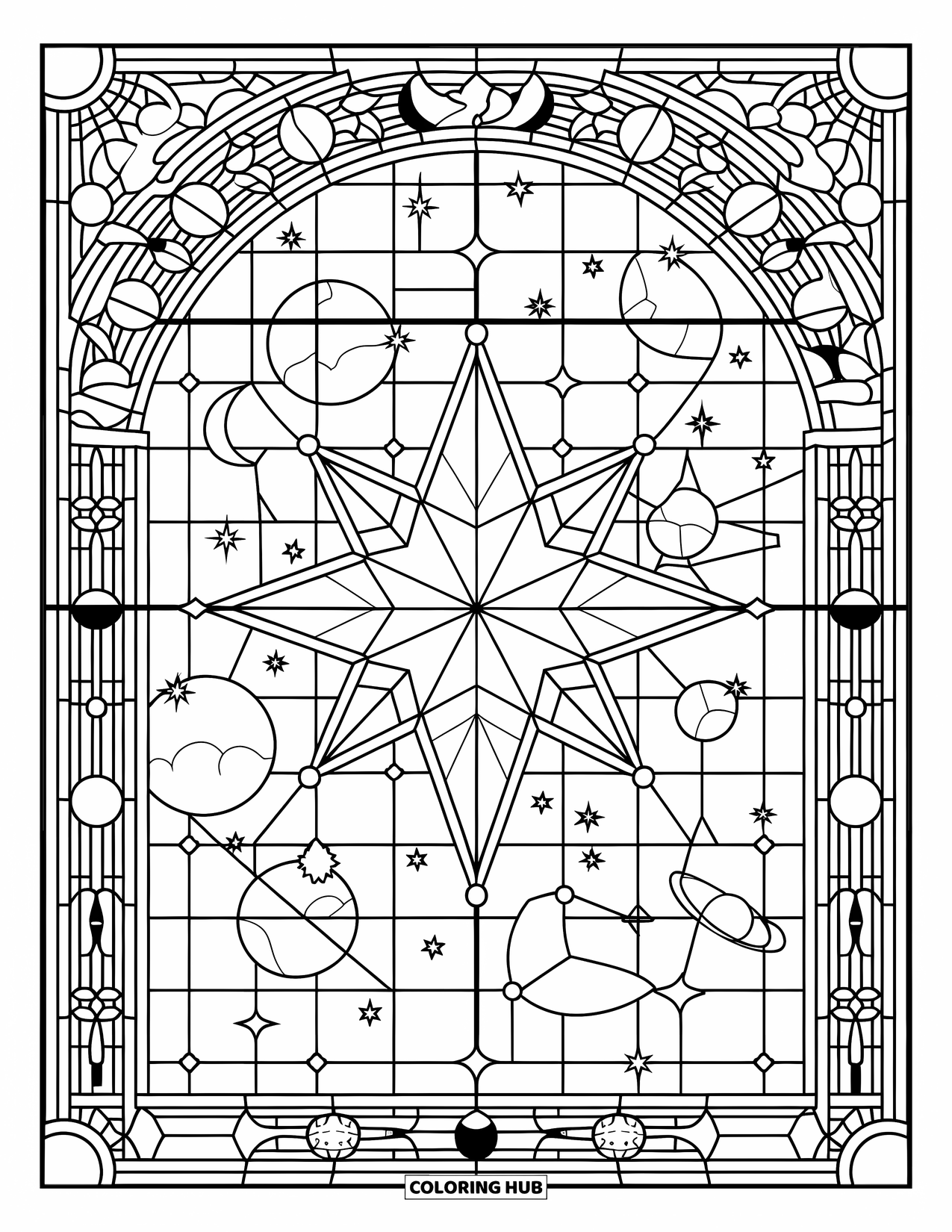 Kite Coloring Page for Adults: A stained glass window with a star kite and celestial decorations