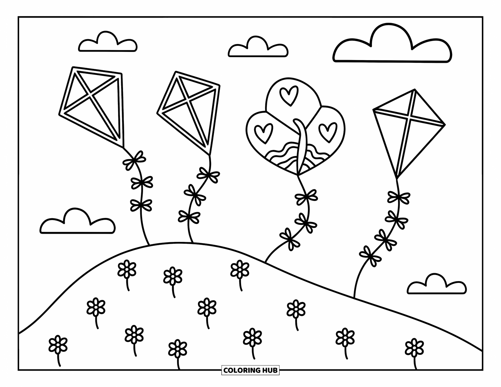 Kite Coloring Page for Adults: Three cute kites float over a hill dotted with flowers and grass