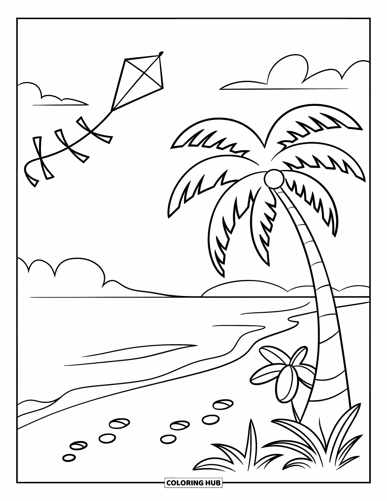 Kite Coloring Page for Kids: A beach scene with a kite, palm tree, and footprints in the sand