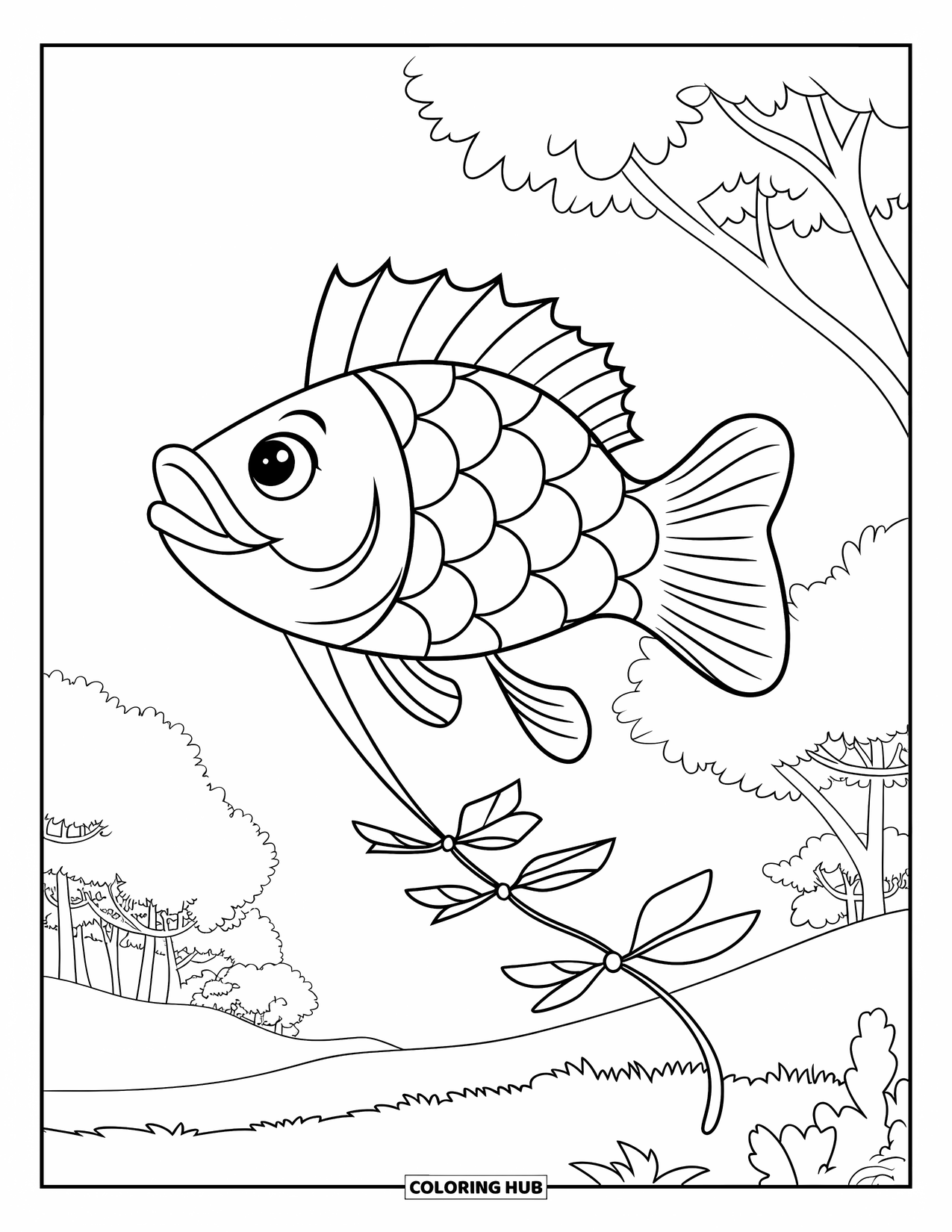 Kite Coloring Page for Kids: A bold fish-shaped kite floating above a tree-lined hill