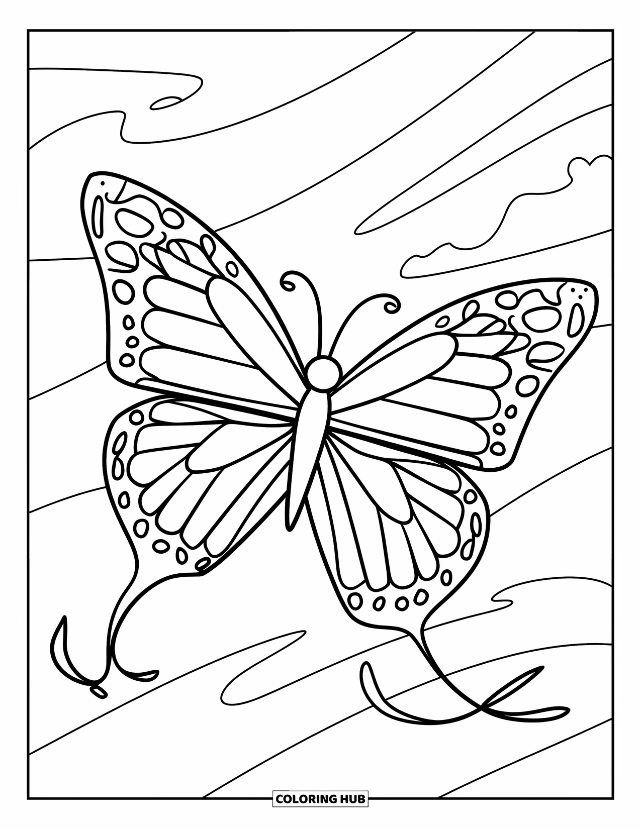 Kite Coloring Page for Kids: A butterfly-shaped kite with symmetrical wings soaring in the sky
