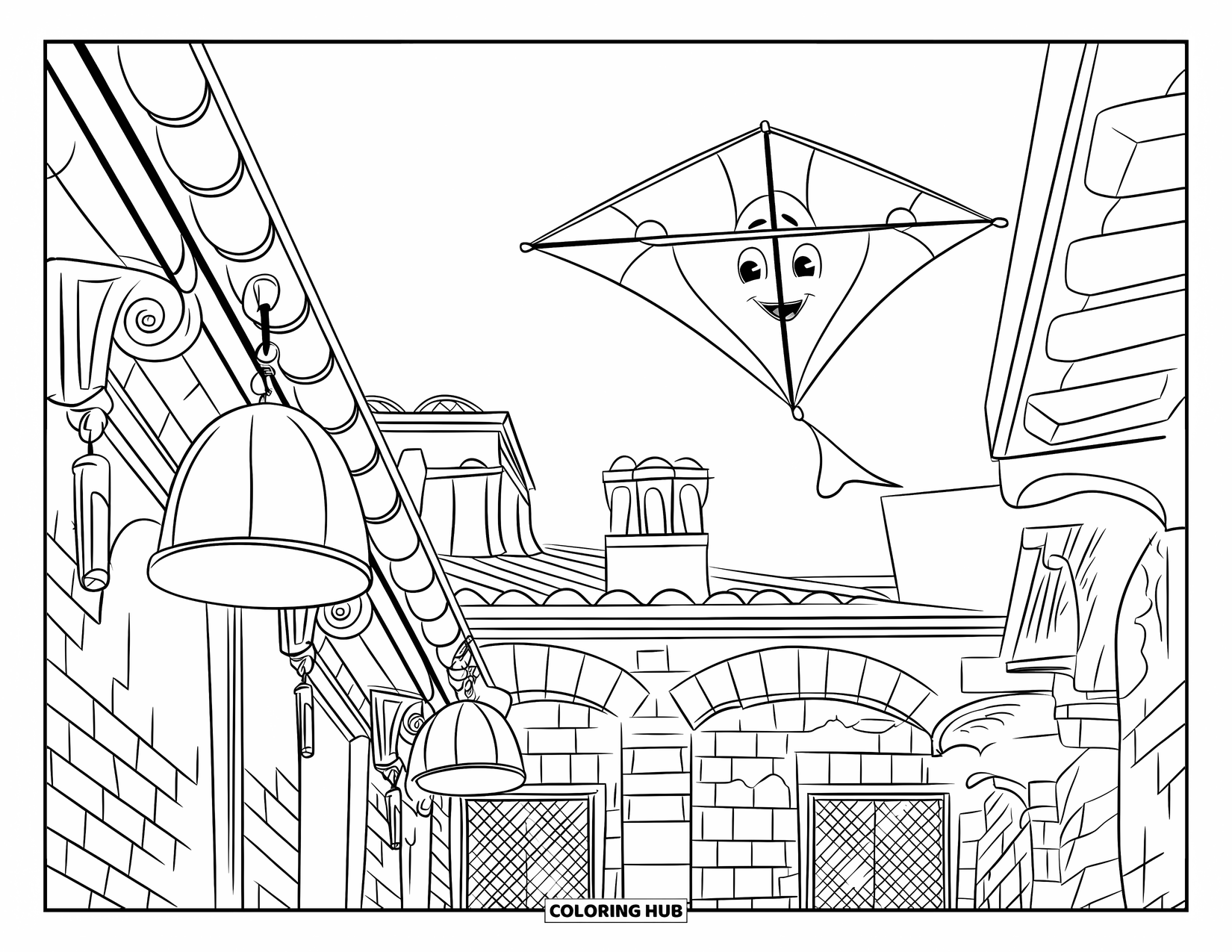 Kite Coloring Page for Kids: A charming alley with lanterns, arches, and a smiling kite in the sky
