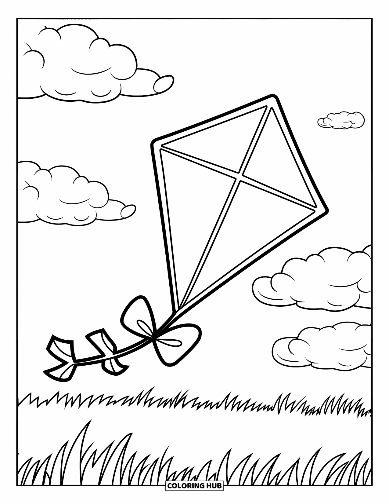 Kite Coloring Page for Kids: A cheerful diamond kite with clouds and a bright open sky