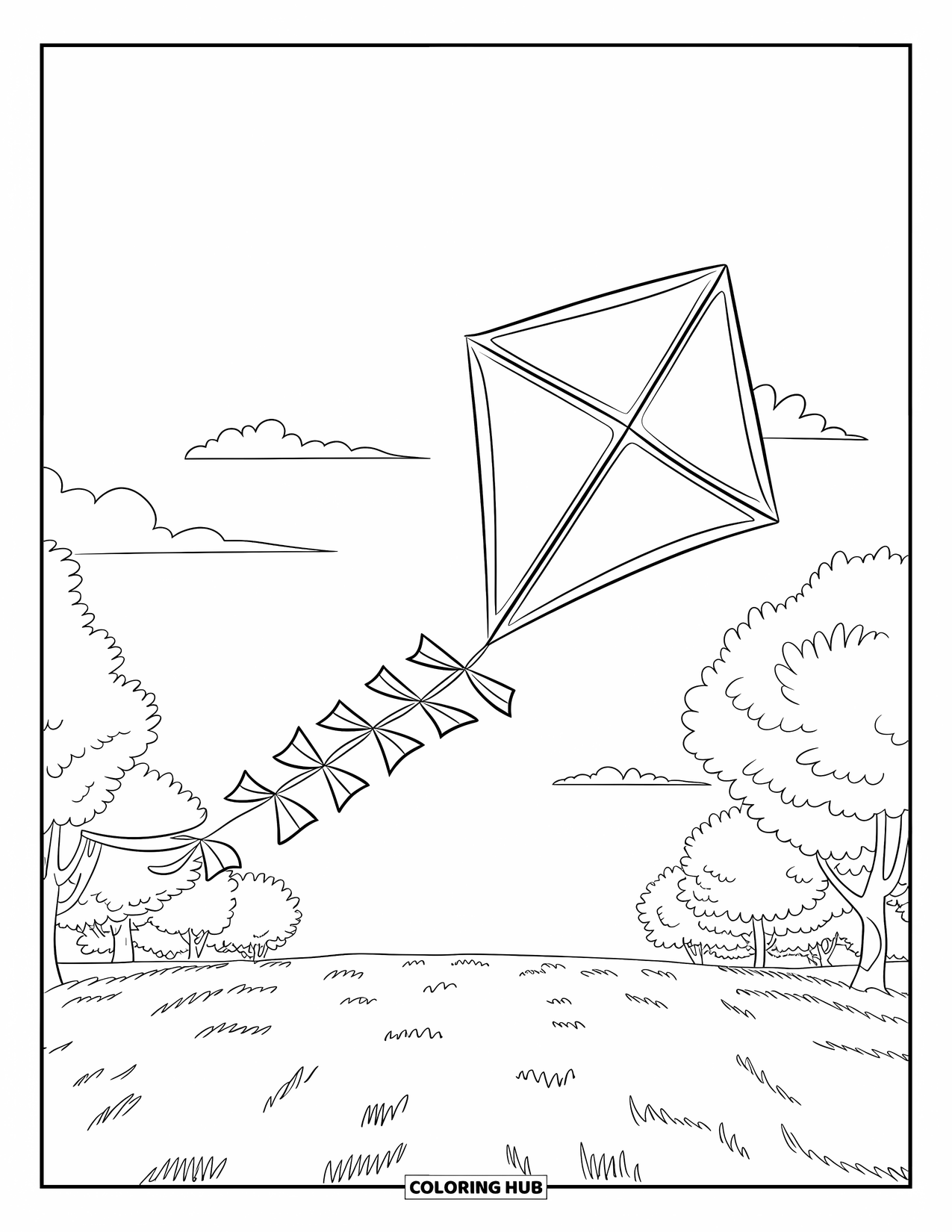 Kite Coloring Page for Kids: A diamond kite tied to a tree above a grassy meadow
