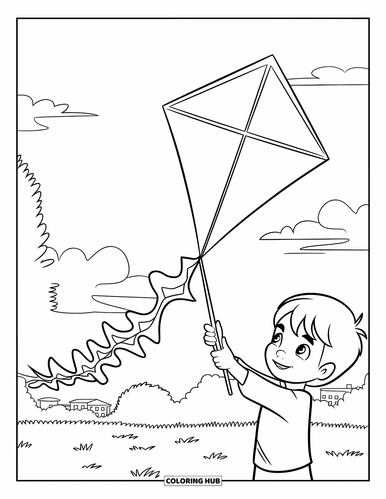 Kite Coloring Page for Kids: A diamond-shaped kite with a zigzag tail flying over a field