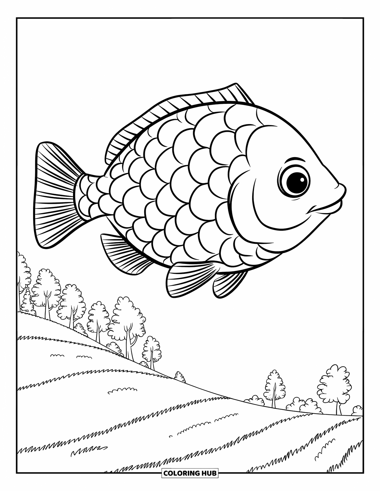 Kite Coloring Page for Kids: A fish kite with a hole for string flying over grassy slopes