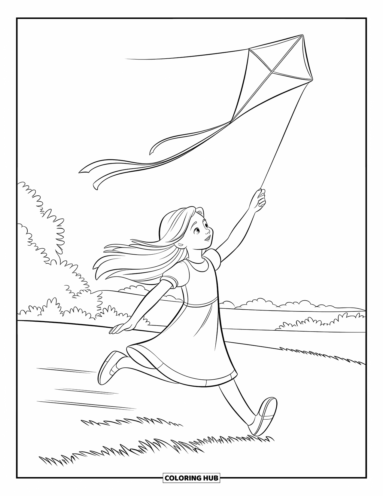 Kite Coloring Page for Kids: A girl running on grass with a kite flying behind her