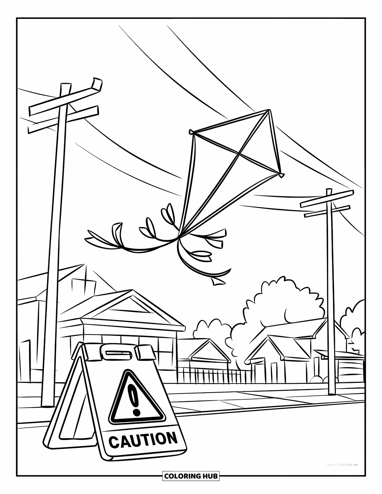 Kite Coloring Page for Kids: A kite caught in power lines in a suburban setting with trees
