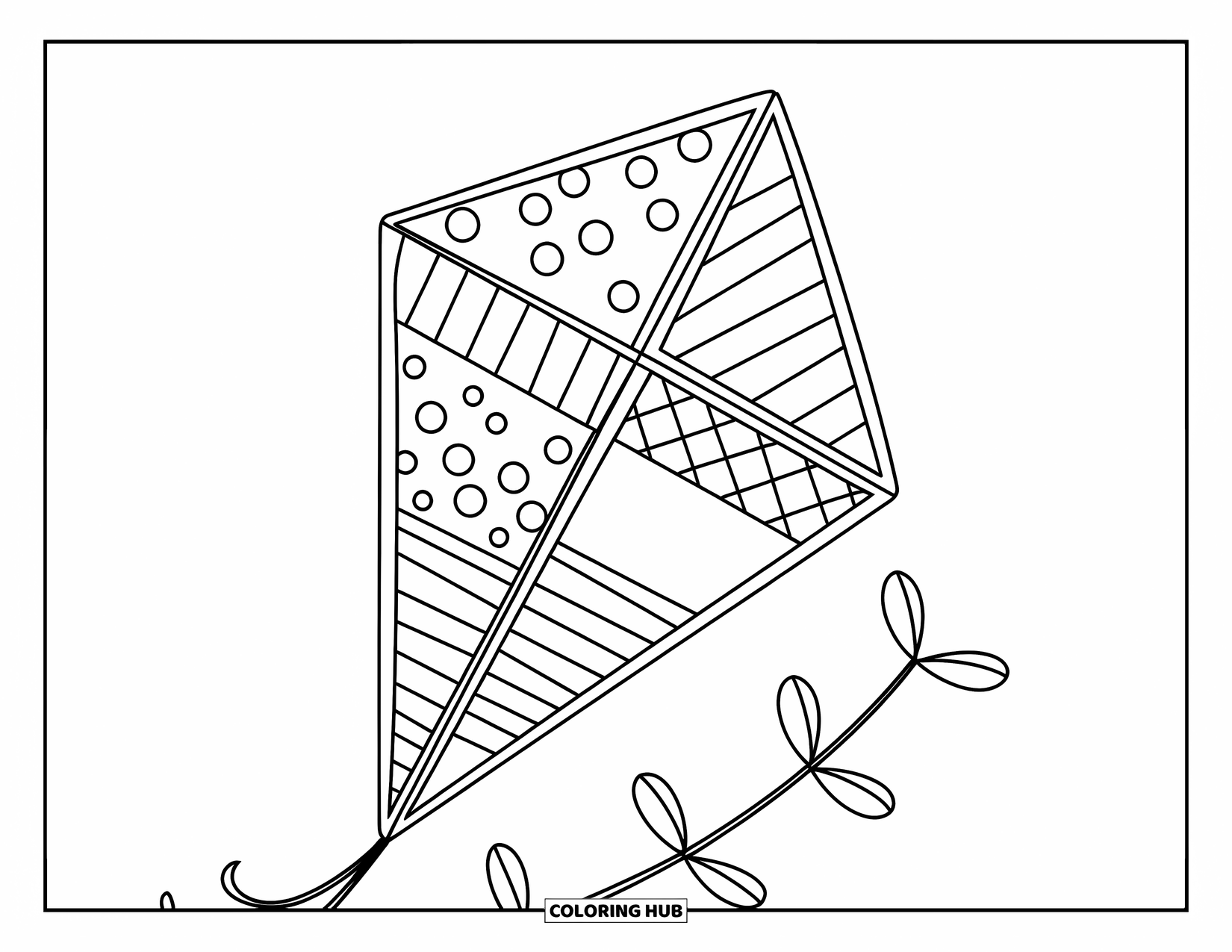 Kite Coloring Page for Kids: A kite made of patterned patches flying in a white sky