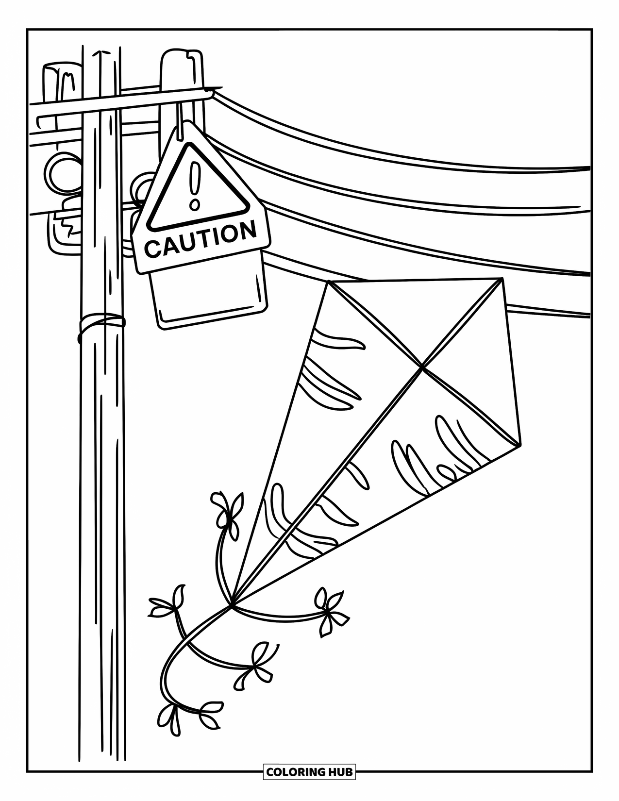 Kite Coloring Page for Kids: A kite tangled in power lines with a caution sign nearby