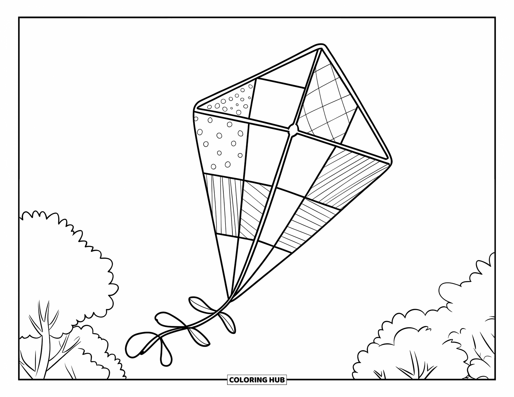 Kite Coloring Page for Kids: A patterned patchwork kite flying high in a clear sky