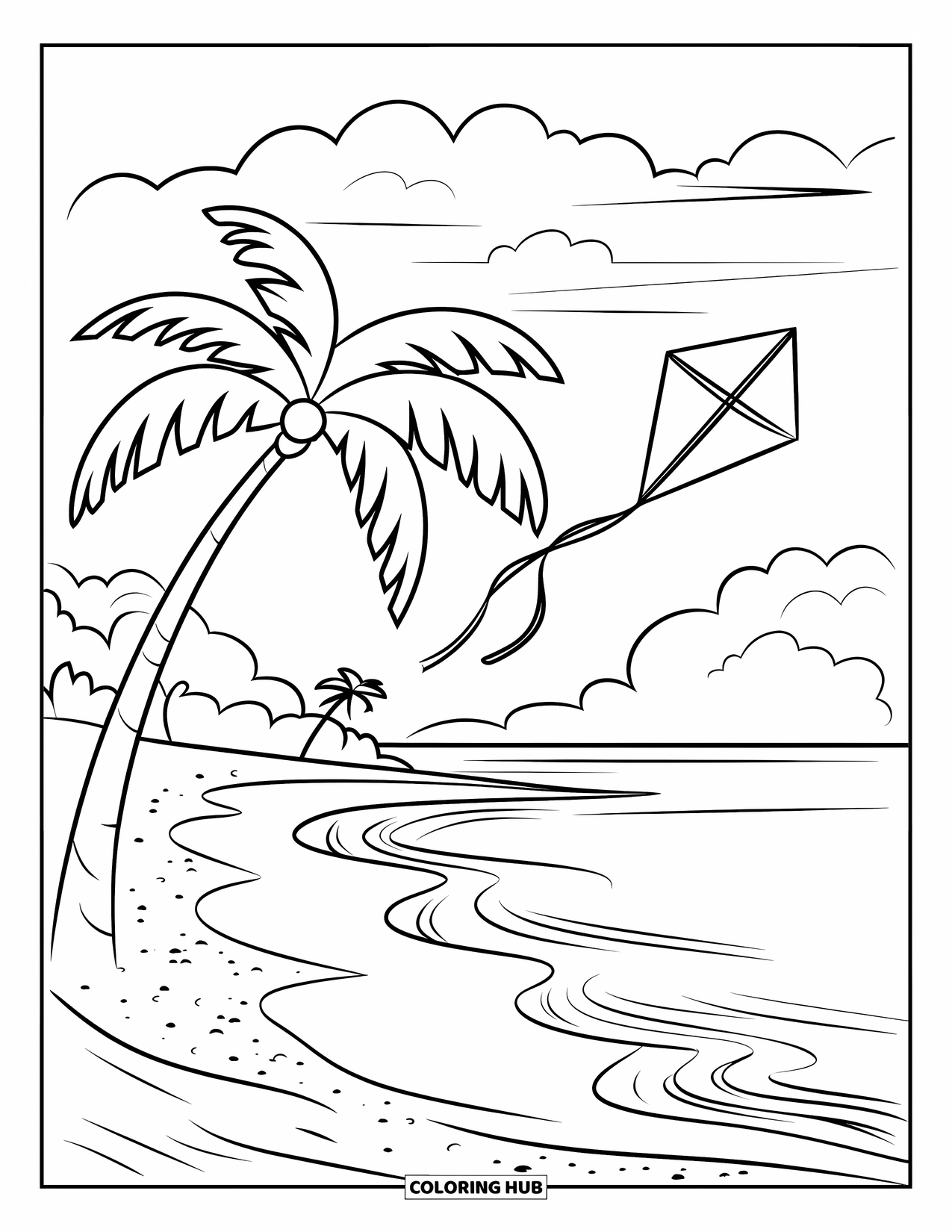 Kite Coloring Page for Kids: A peaceful beach with a kite flying above calm waves