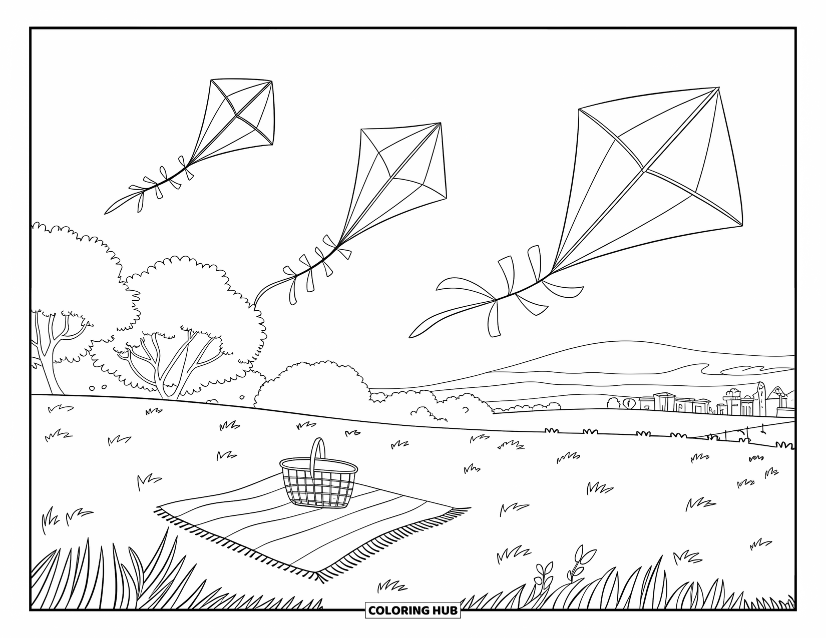 Kite Coloring Page for Kids: A picnic scene under three flying kites near a quiet field