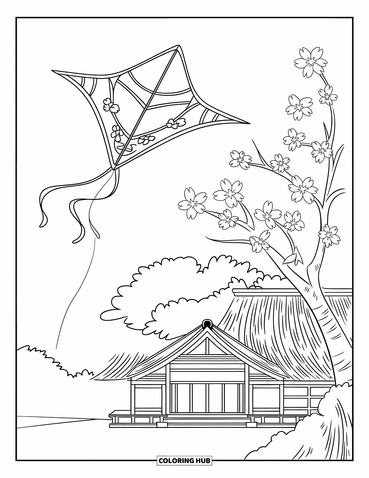 Kite Coloring Page for Kids: A rokkaku kite above cherry trees and a traditional building