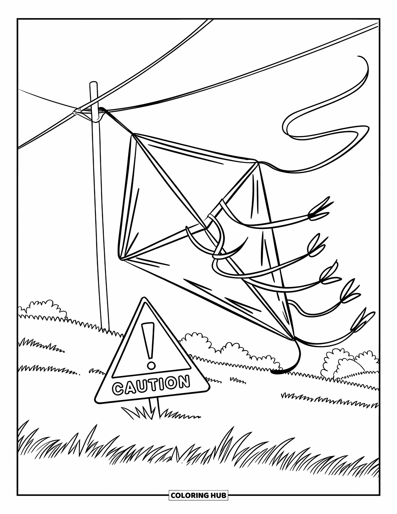 Kite Coloring Page for Kids: A tangled kite above a grassy field with a warning sign