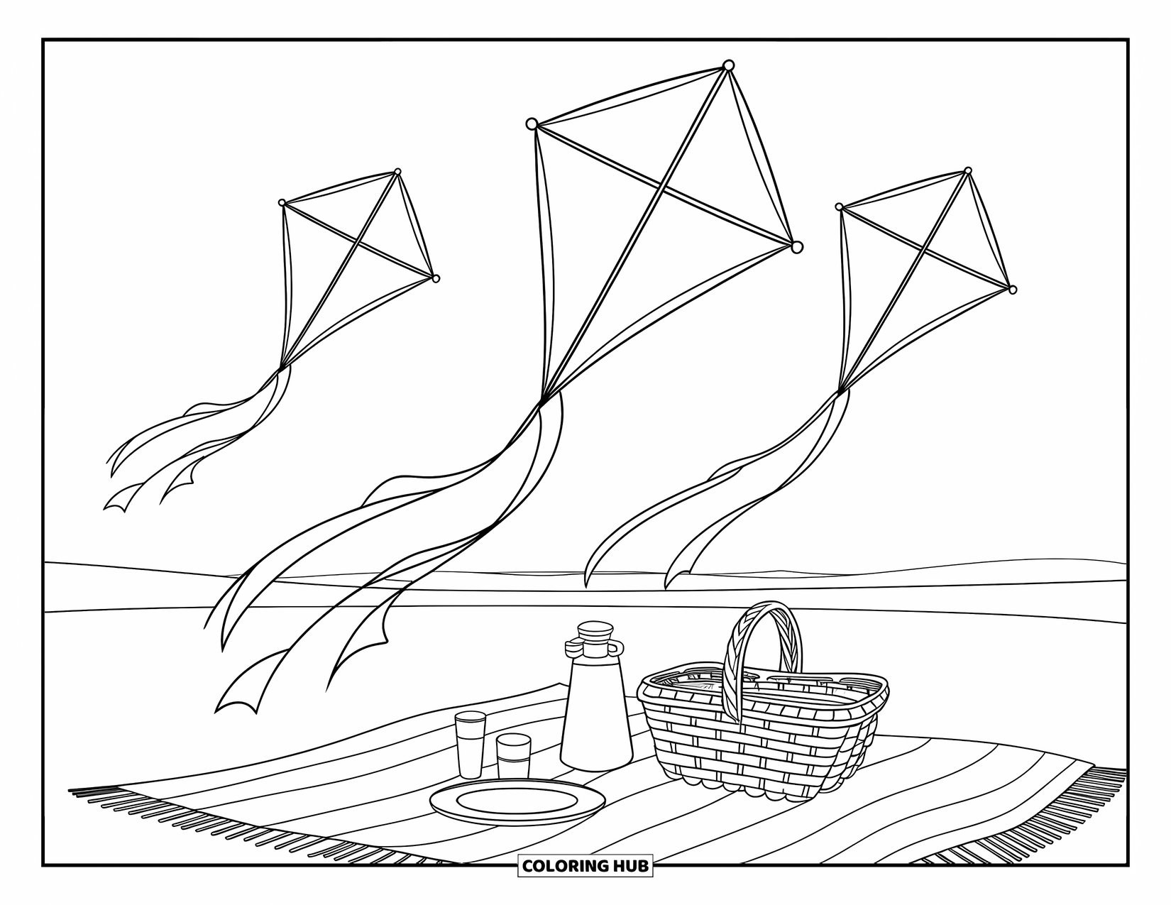 Kite Coloring Page for Kids: Kites above a picnic blanket with a basket and horizon view