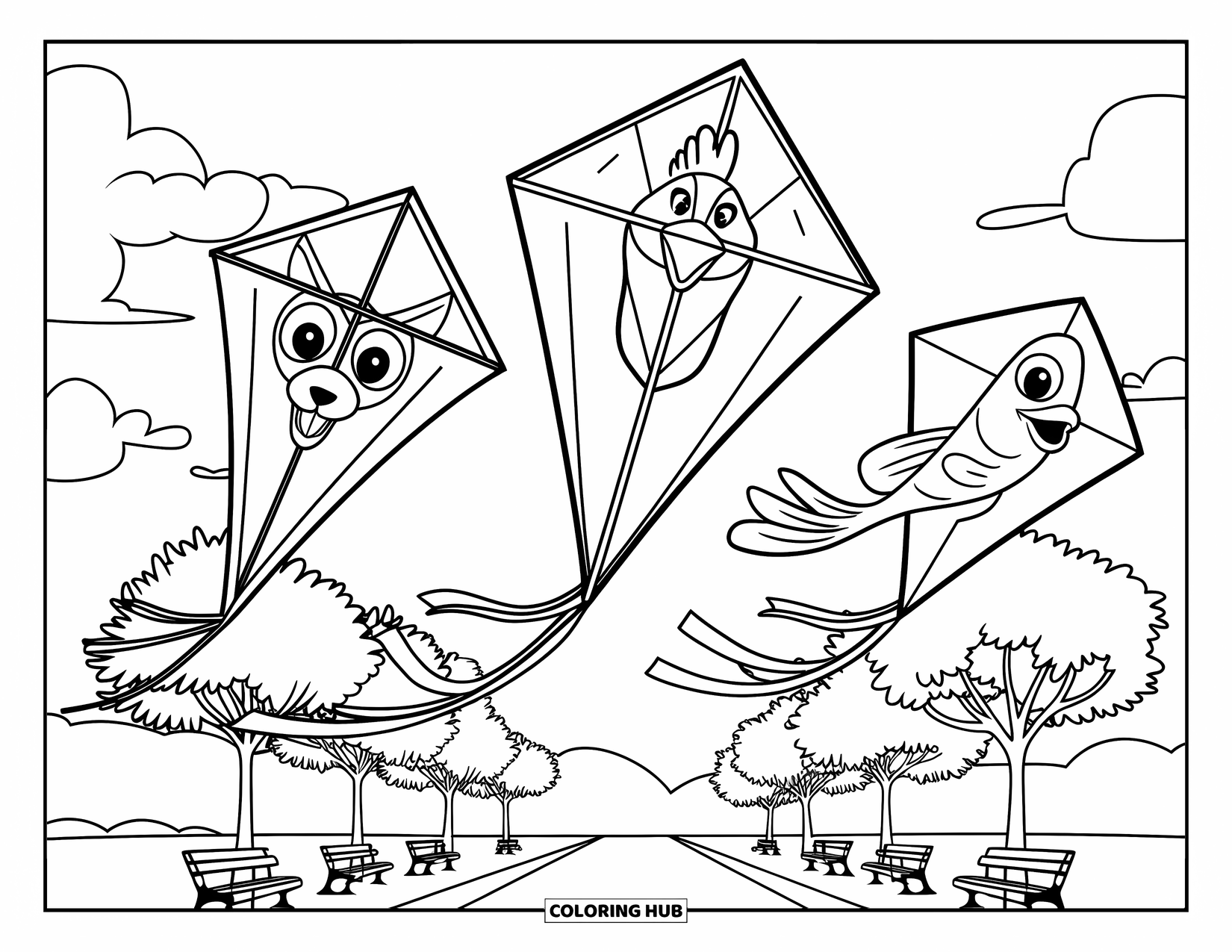 Kite Coloring Page for Kids: Three animal-shaped kites flying over a peaceful green park