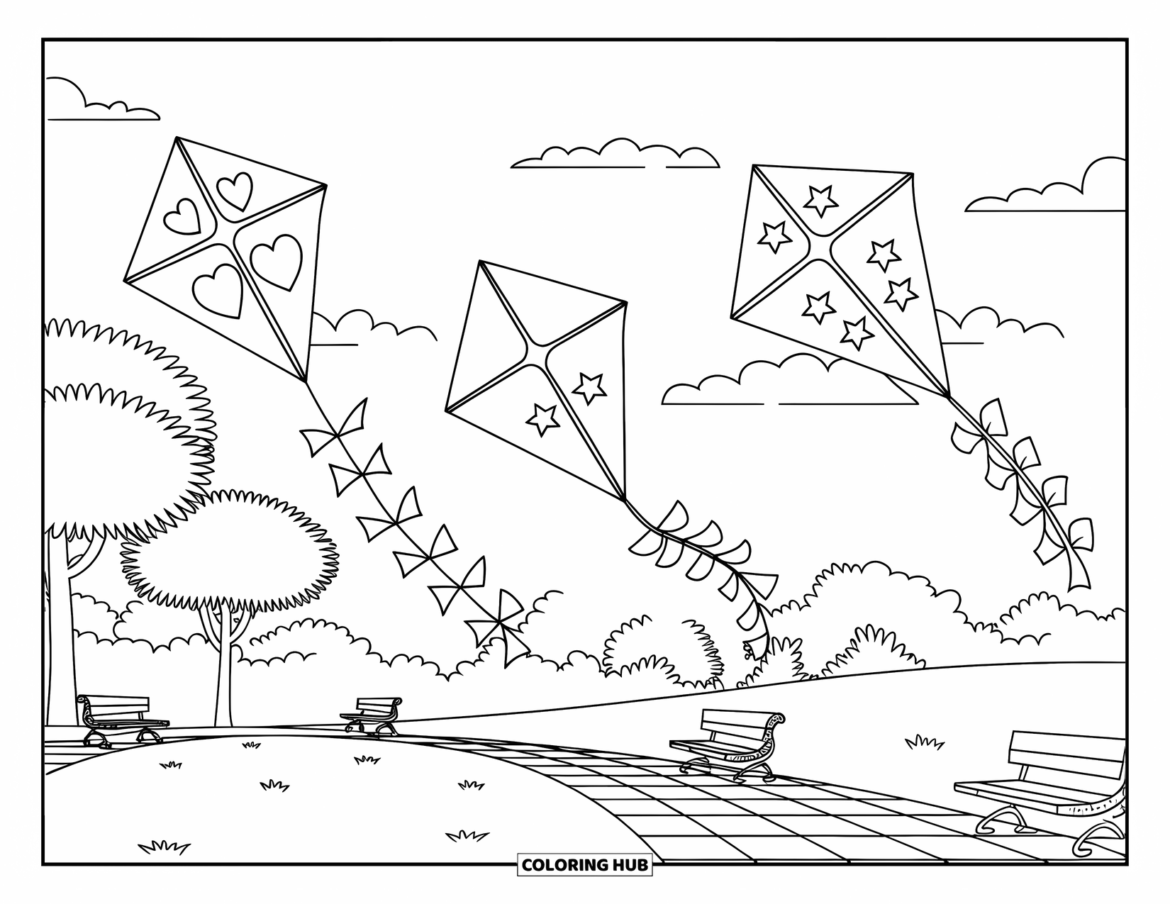 Kite Coloring Page for Kids: Three fun kites flying over a sunny park with benches