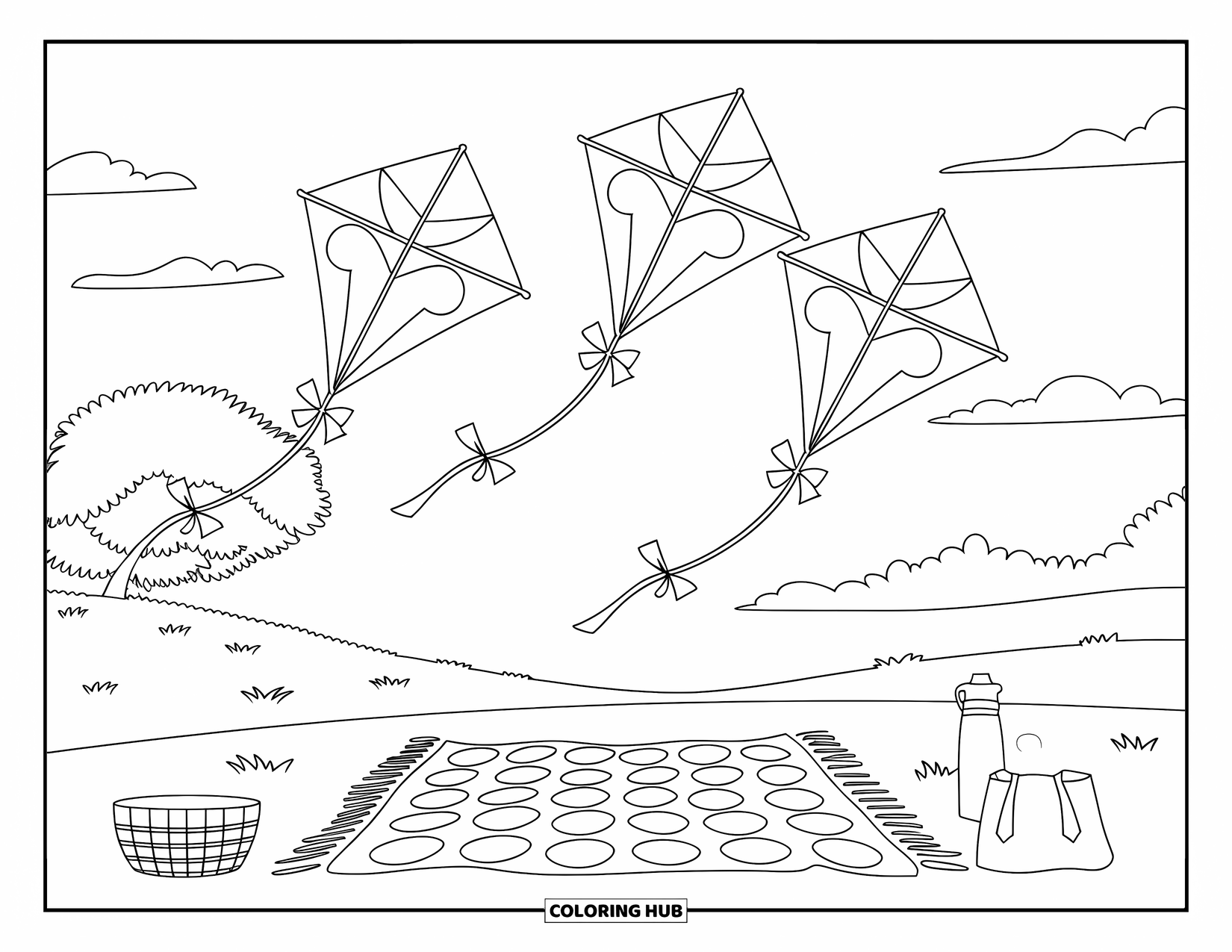 Kite Coloring Page for Kids: Three Mickey-shaped kites above a picnic setup under clear skies