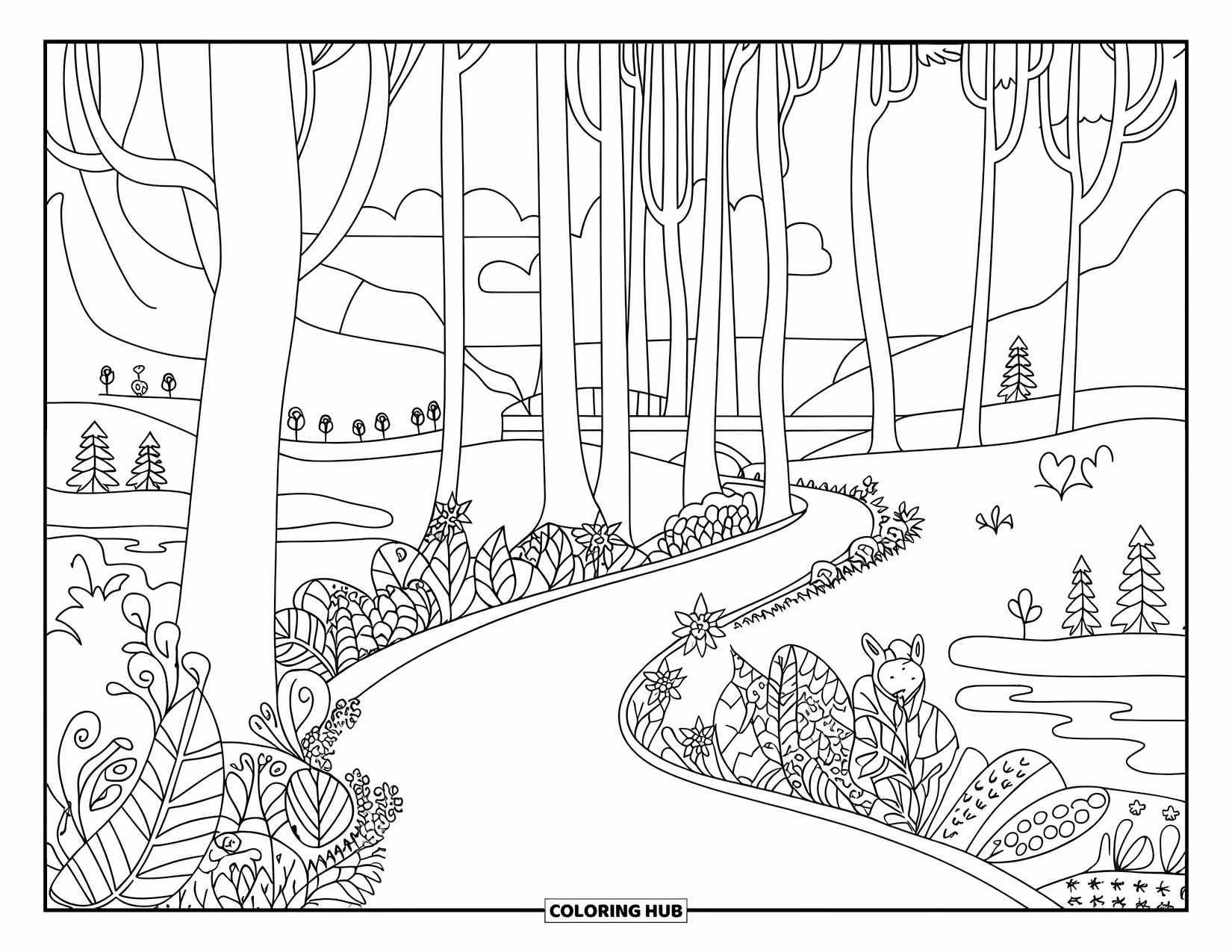 Landscape Scenery Coloring Page for Adults: A forest trail winds between tall trees and patterned leaves with animals nearby