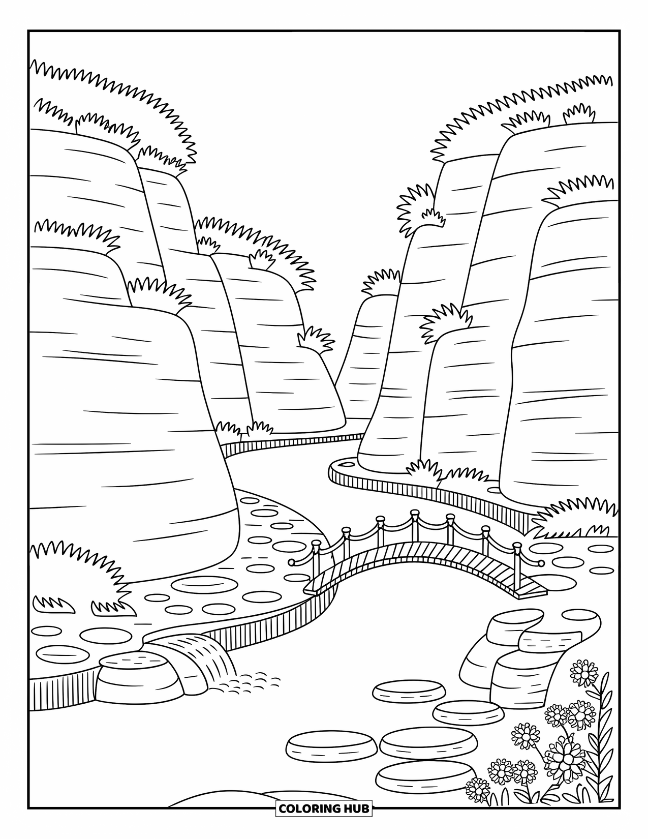 Landscape Scenery Coloring Page for Adults: A gentle canyon river with stone walls, flowers, and a small wooden bridge