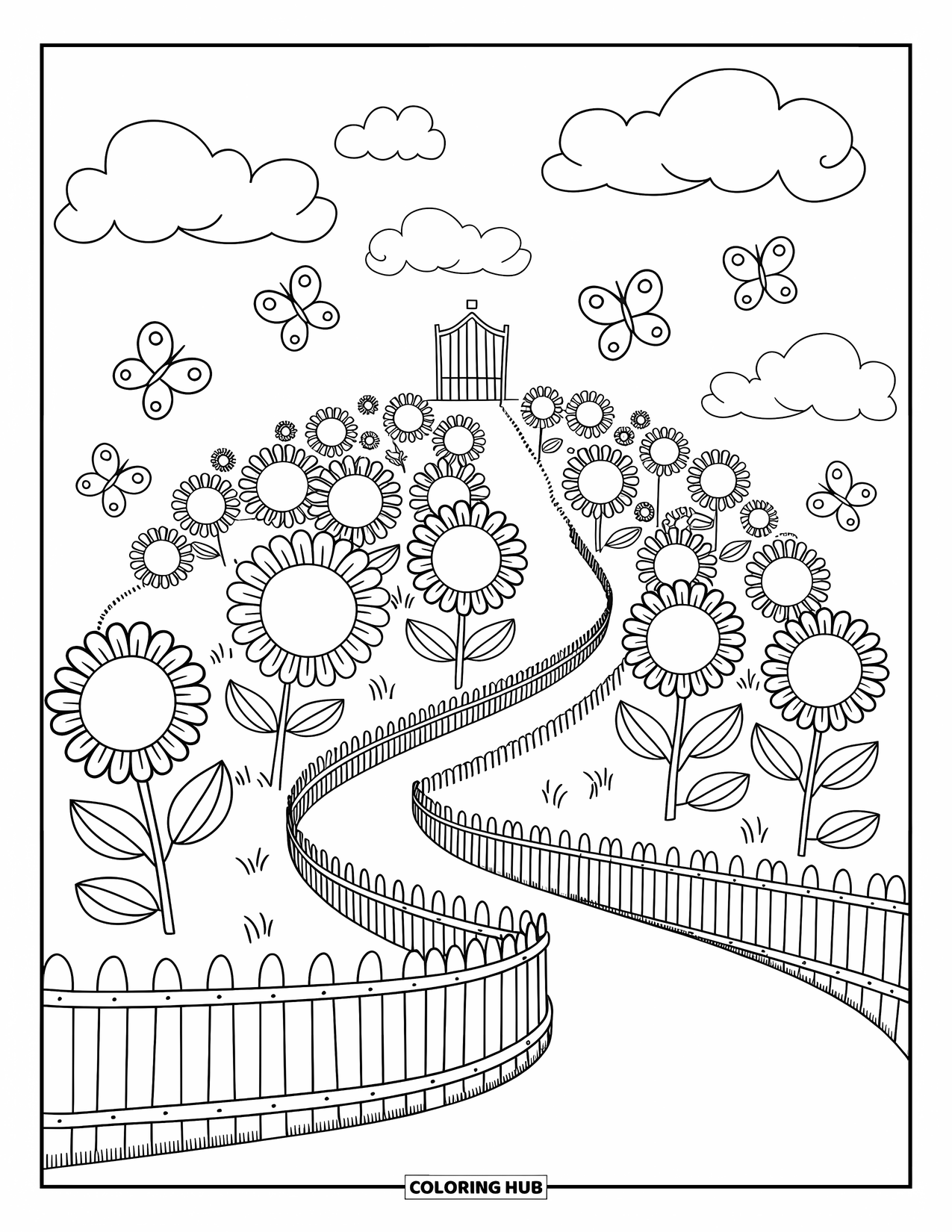 Landscape Scenery Coloring Page for Adults: A hill of blooming sunflowers with a fence, butterflies, and puffy clouds
