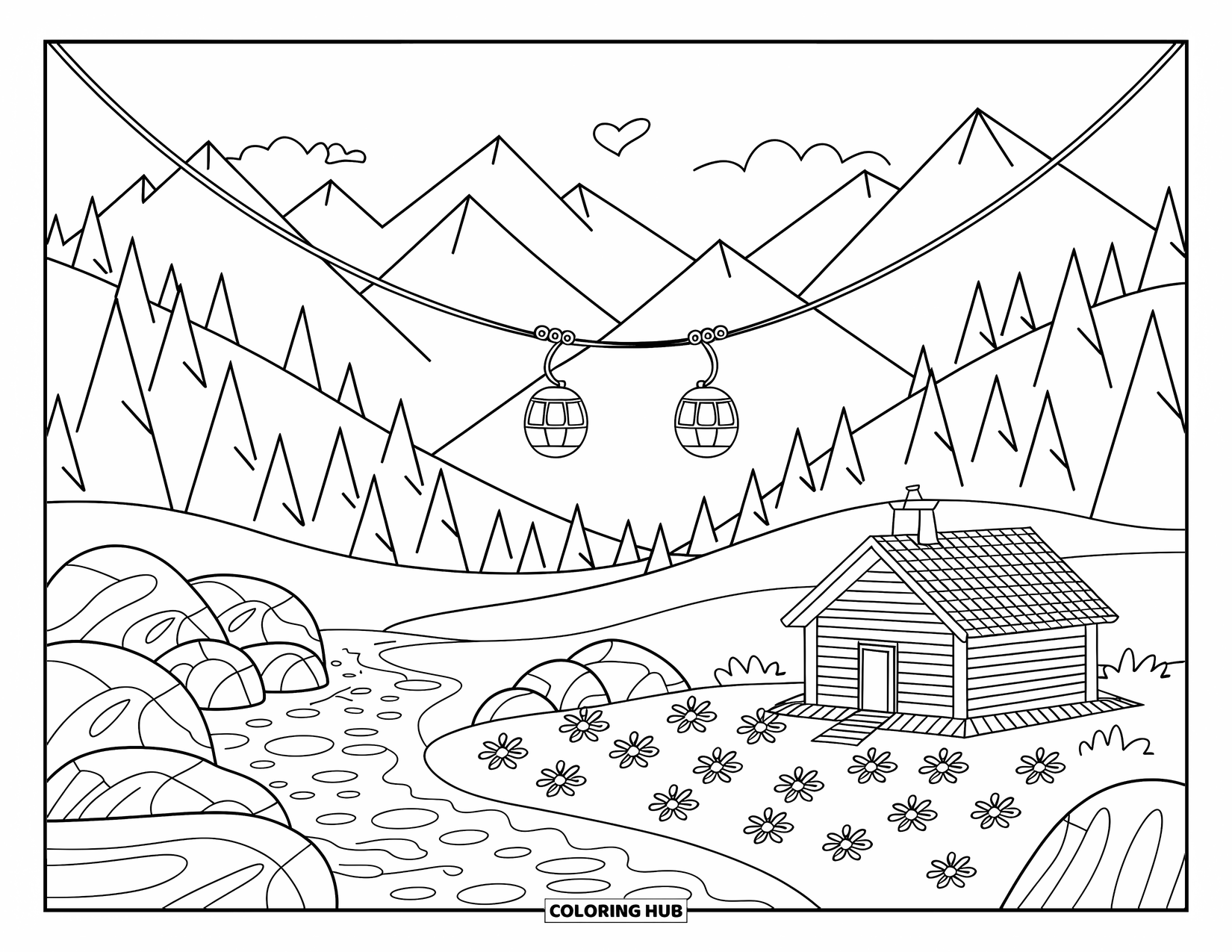 Landscape Scenery Coloring Page for Adults: A peaceful mountain landscape with cable cars and a tiny cabin beside a meadow stream