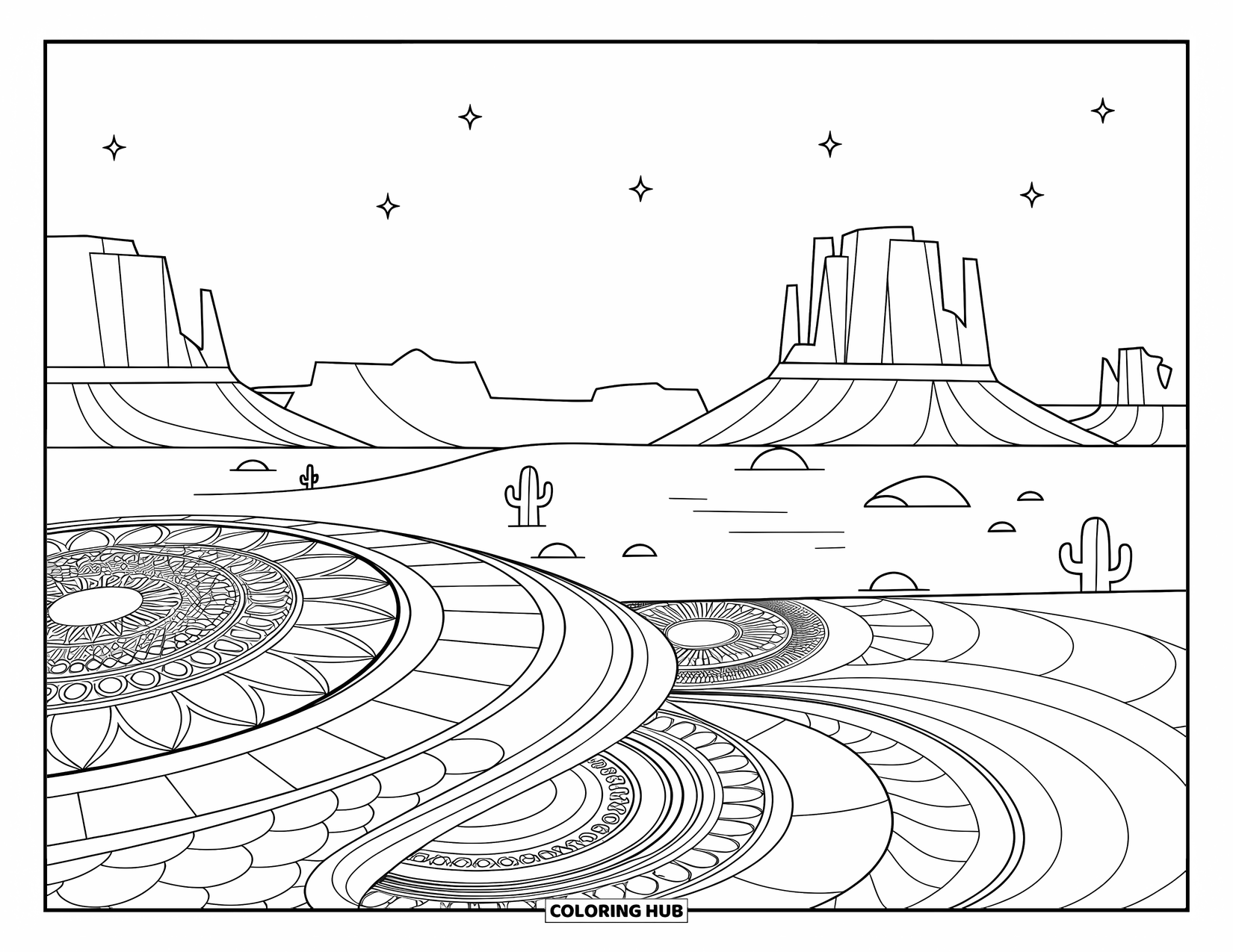 Landscape Scenery Coloring Page for Adults: A quiet desert scene with mesas, cacti, and intricate swirling sand mandalas