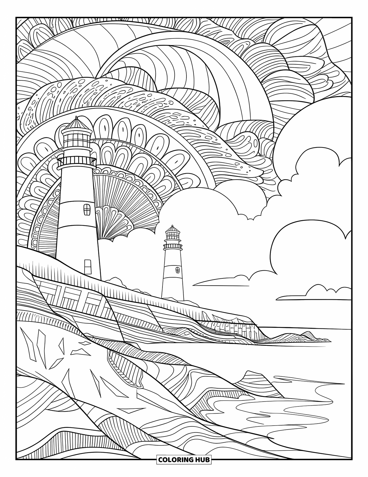 Landscape Scenery Coloring Page for Adults: A rocky coast with twin lighthouses and swirling mandala waves