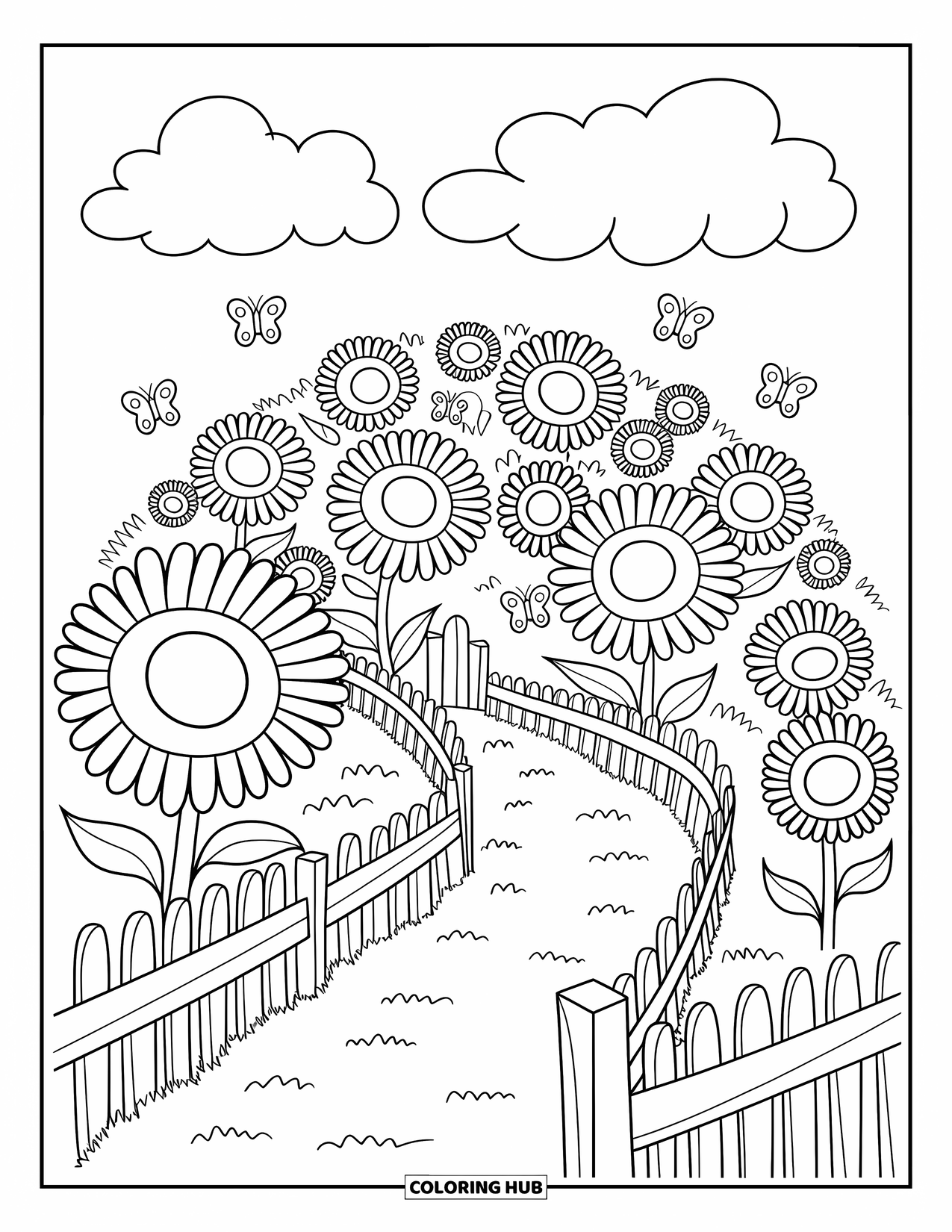 Landscape Scenery Coloring Page for Adults: A sunny hill covered in giant sunflowers with butterflies and a curved fence