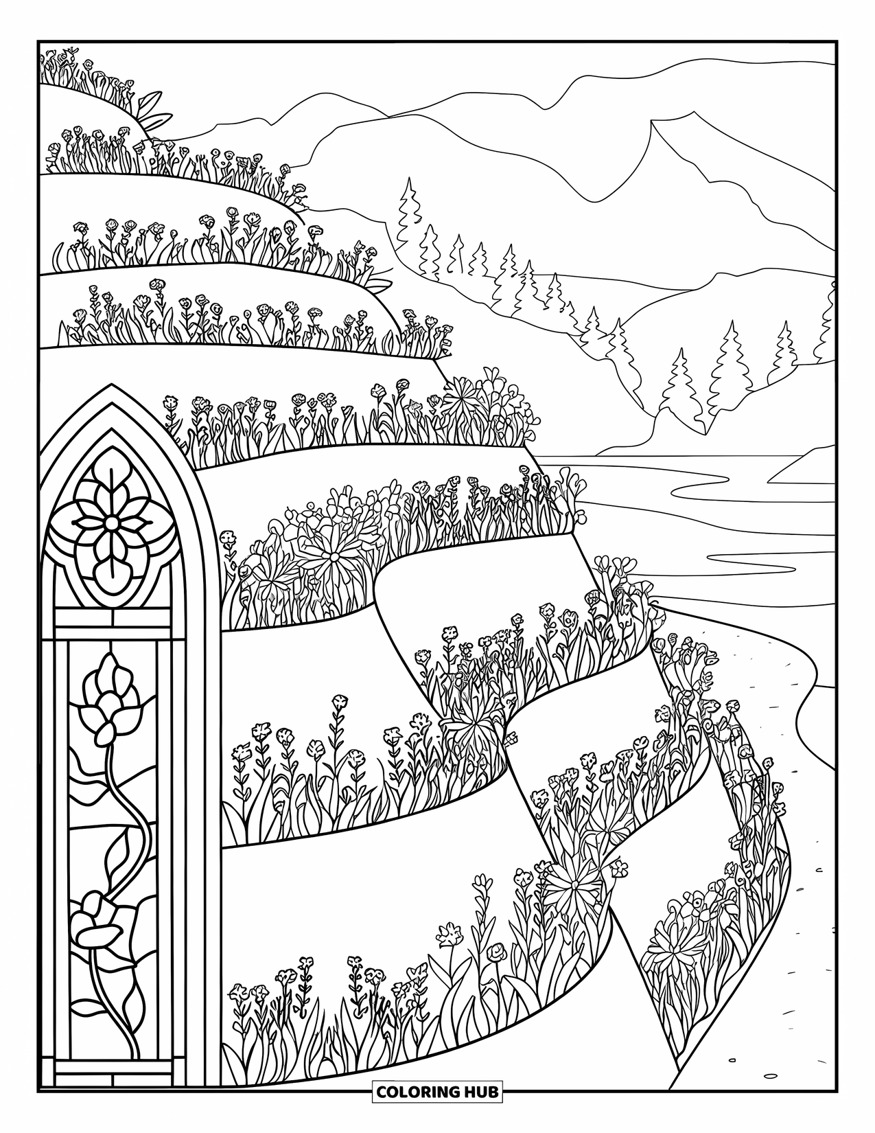 Landscape Scenery Coloring Page for Adults: A terraced mountain with wildflowers, a pathway, and scenic stained glass