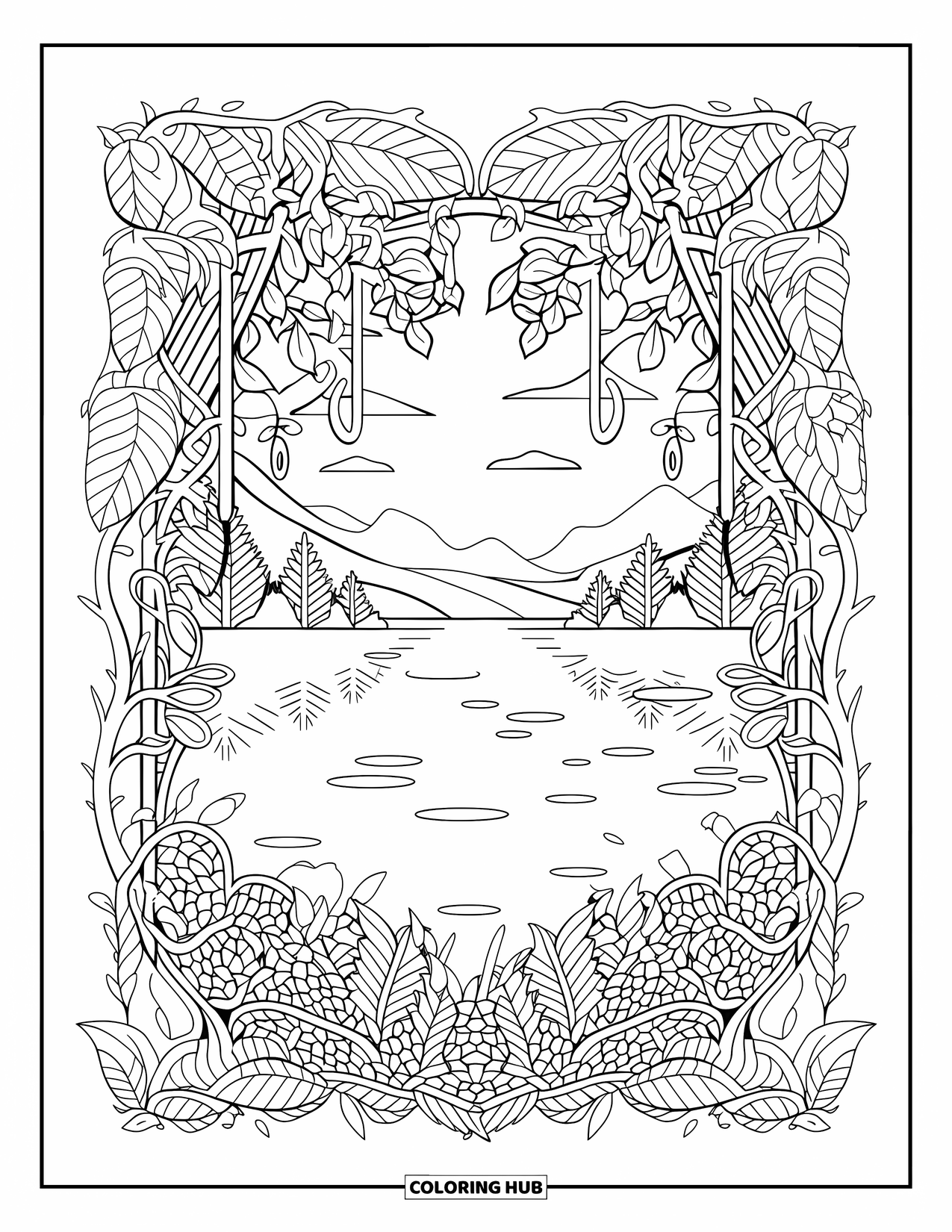 Landscape Scenery Coloring Page for Adults: A tranquil mirrored lake surrounded by trees and soft mountain scenery