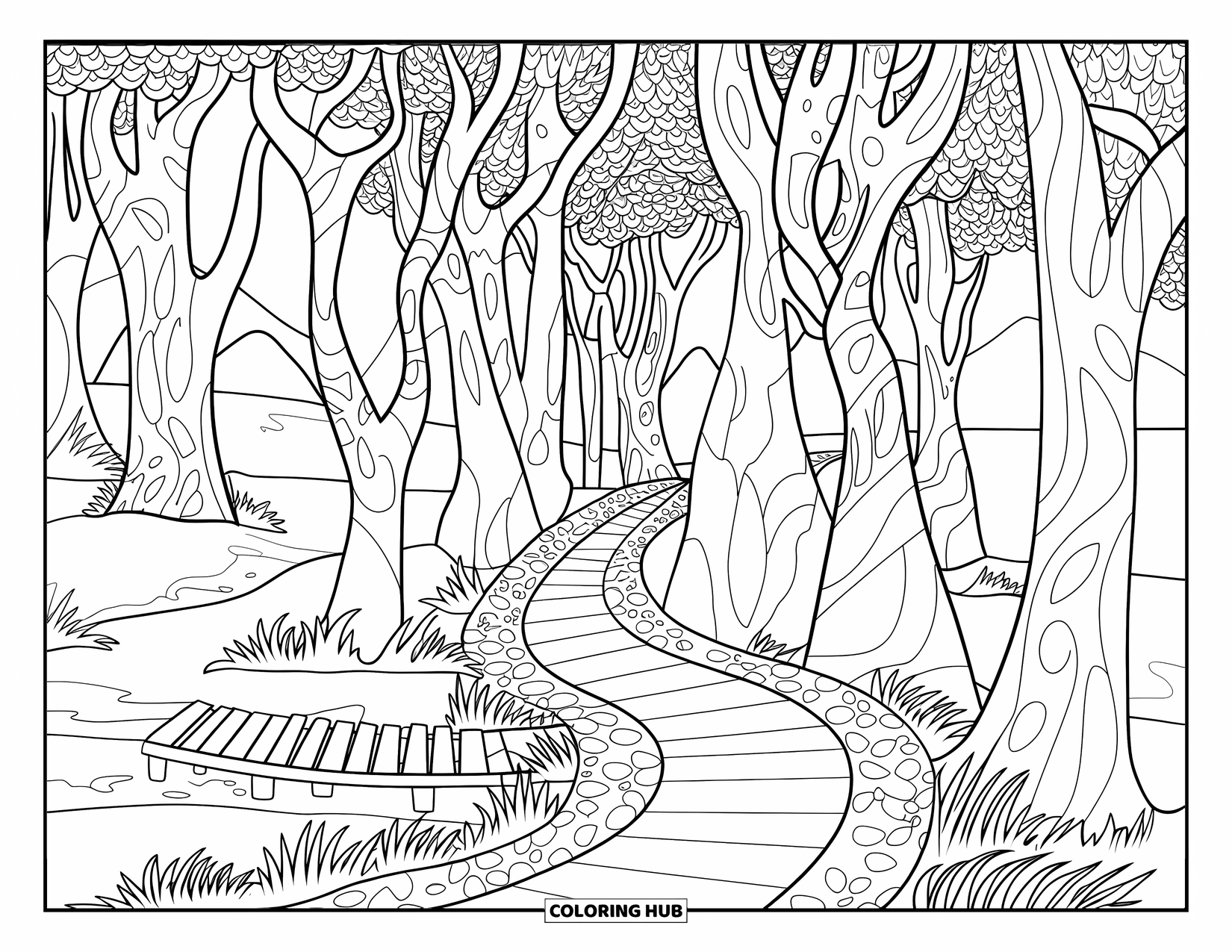 Landscape Scenery Coloring Page for Adults: A wooded path lined with trees, a bridge, and mountain scenery beyond