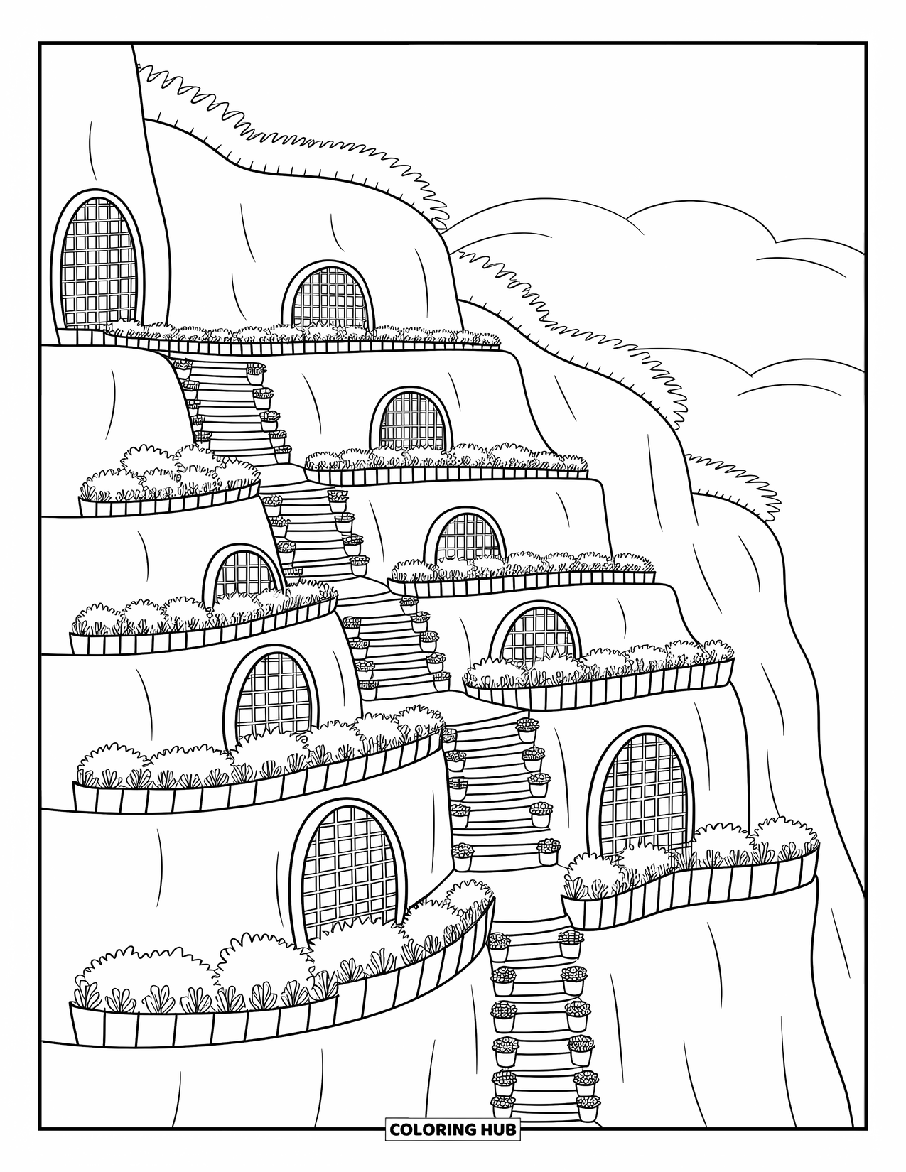 Landscape Scenery Coloring Page for Adults: Charming garden terraces with curved paths, vines, and flower-filled pots