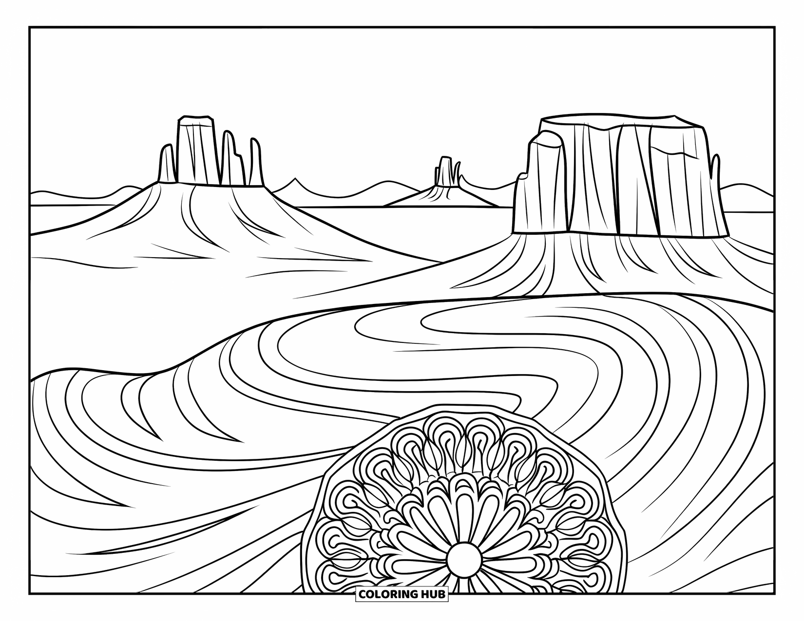 Landscape Scenery Coloring Page for Adults: Mesas and sand mandalas fill a serene desert beneath a starry sky