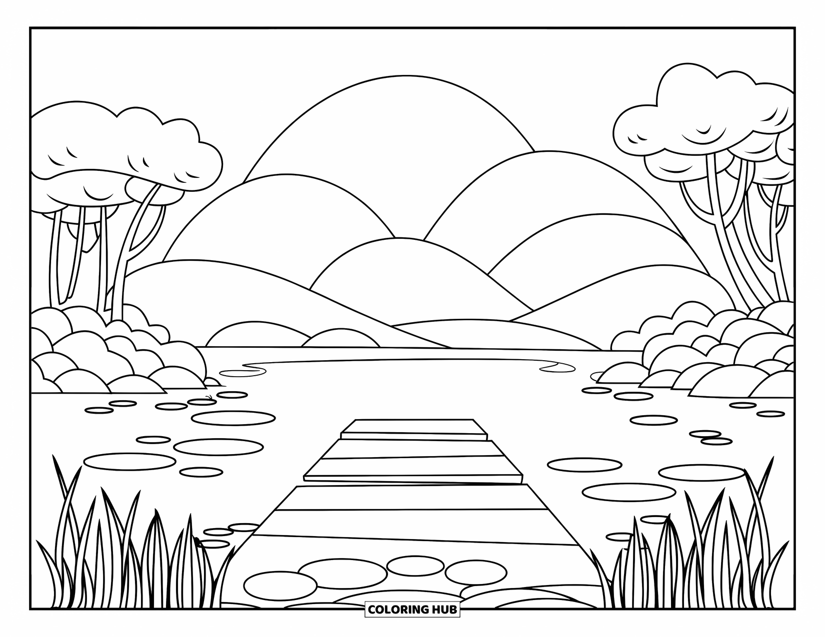 Landscape Scenery Coloring Page for Kids: A calm lake surrounded by mountains, reeds, and trees with soft canopies