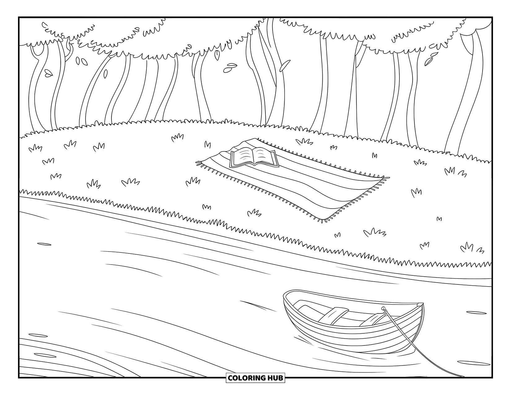 Landscape Scenery Coloring Page for Kids: A calm river flows beside a picnic setup under tall, leafy trees