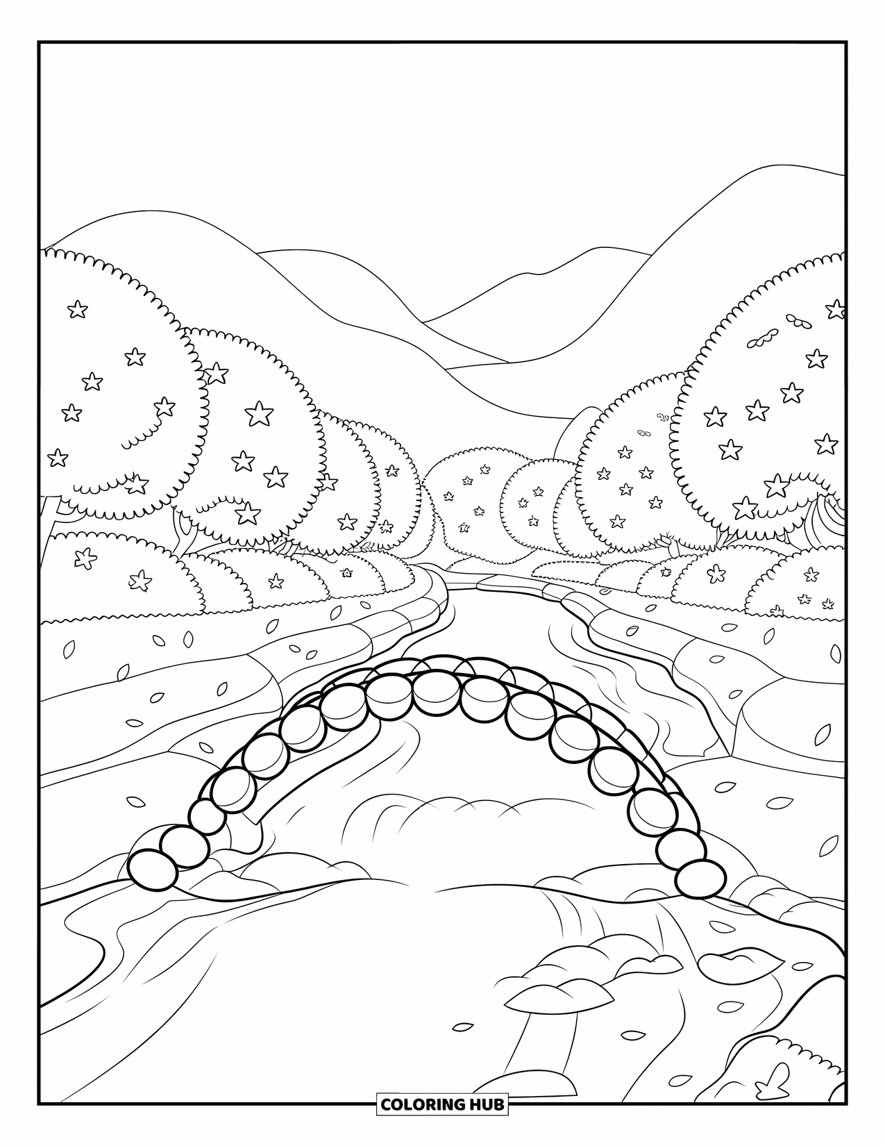 Landscape Scenery Coloring Page for Kids: A calm river under cherry trees with an arched bridge and hills