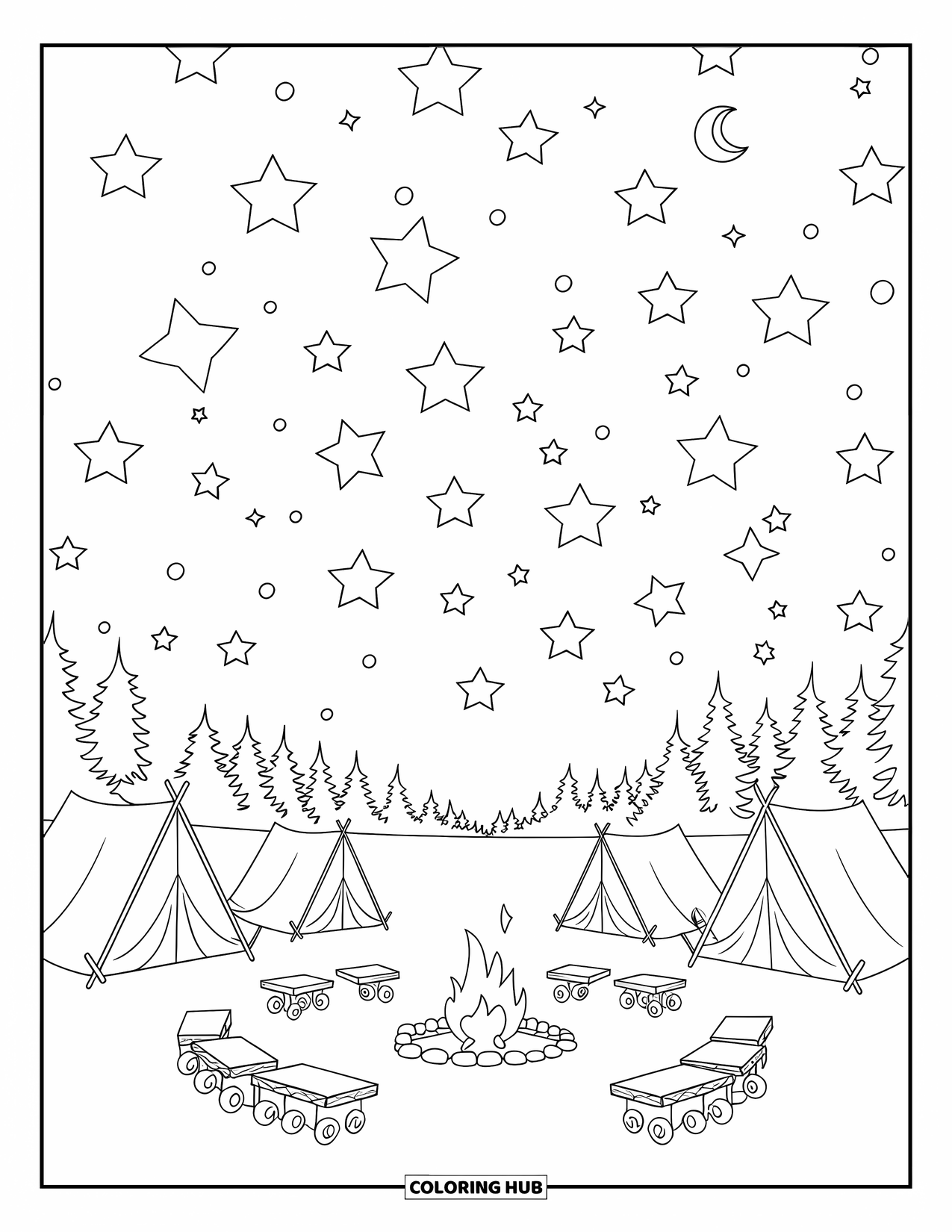 Landscape Scenery Coloring Page for Kids: A campsite under stars and a crescent moon with tents and a campfire