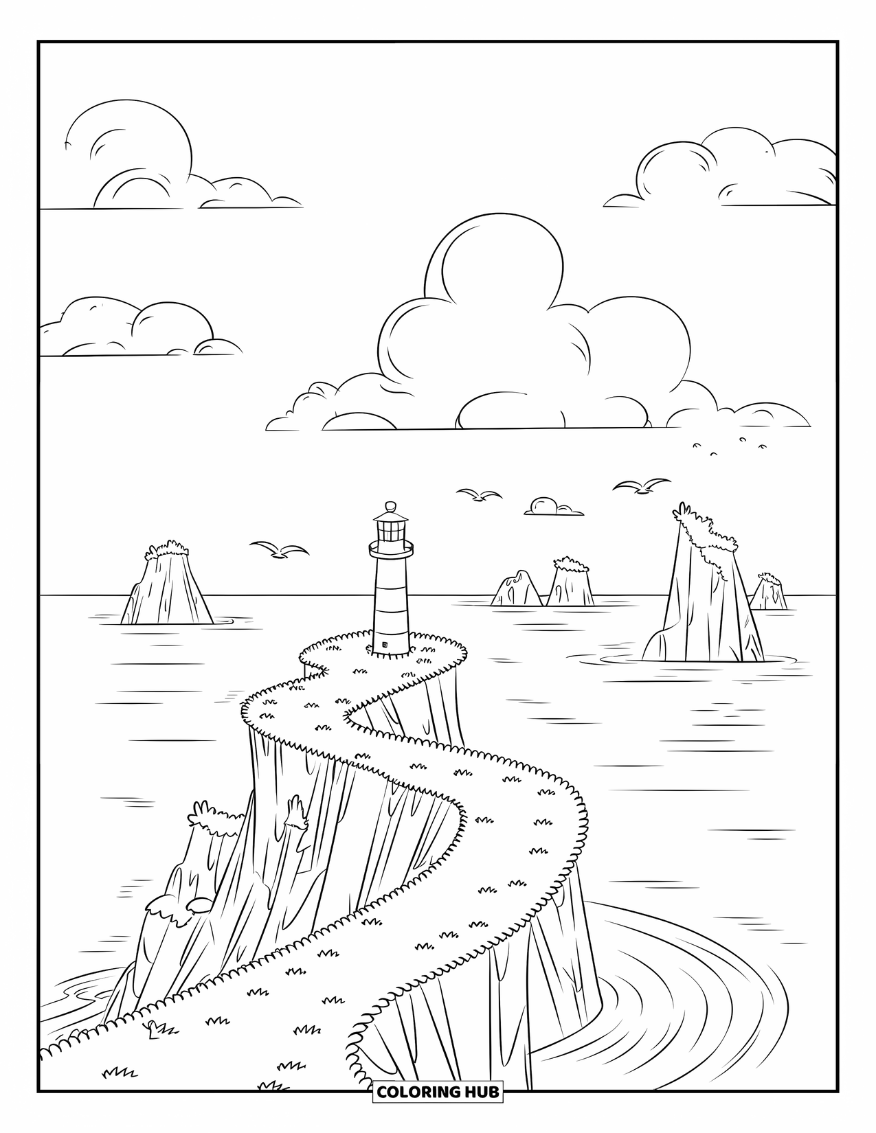 Landscape Scenery Coloring Page for Kids: A cliffside lighthouse scene with rippling waves and puffy clouds