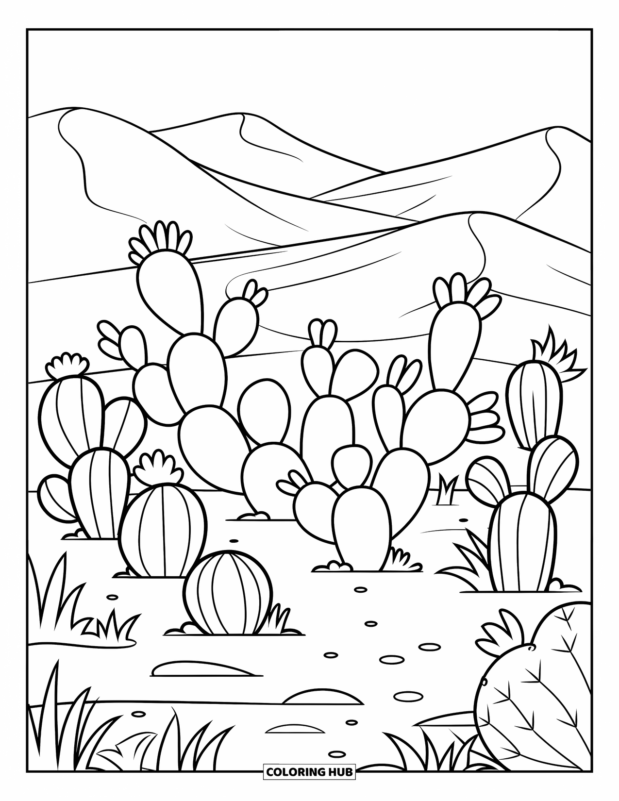 Landscape Scenery Coloring Page for Kids: A desert of gentle dunes dotted with adorable round cacti