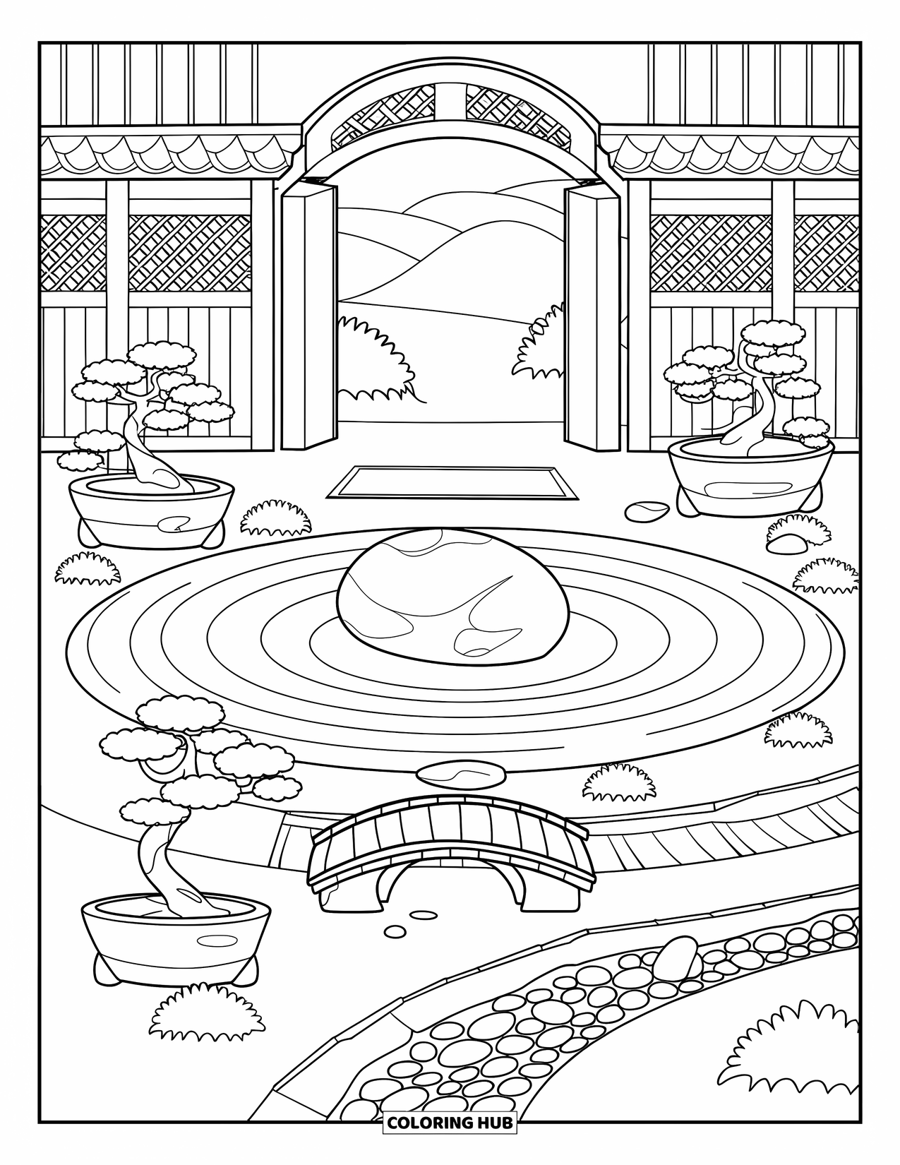 Landscape Scenery Coloring Page for Kids: A detailed zen garden with bridges, bonsai trees, and soft hills beyond