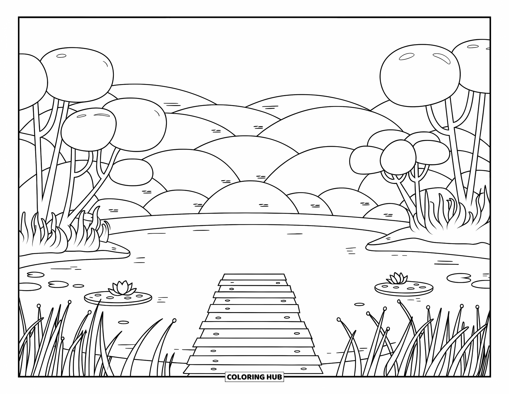 Landscape Scenery Coloring Page for Kids: A lake between rounded mountains with a dock and lily pads